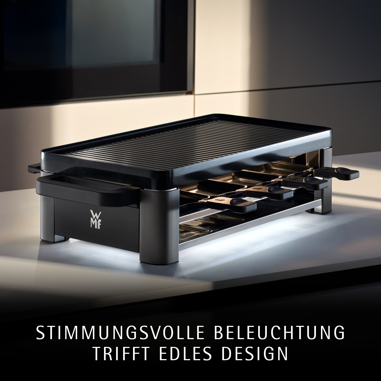 WMF Raclette »Master, indirekte LED-Beleuchtung, Keramikbeschichtung« 8 Stk. Raclettepfännchen 1.500 W Variable Temperatur, spülmaschinengeeignete Pfännchen und Spatel