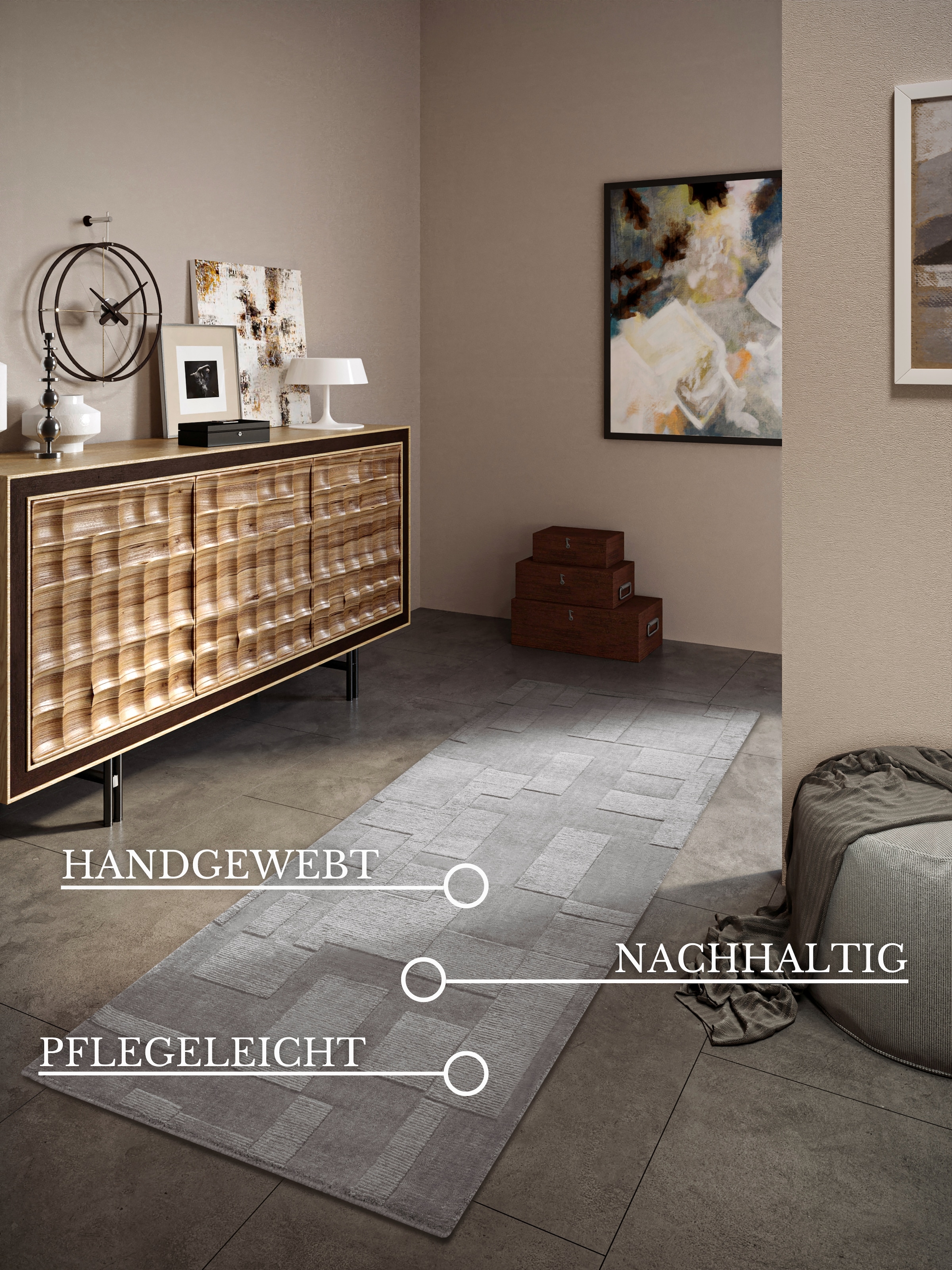Villeroy & Boch Wollteppich »Wilhelmine«, rechteckig, 10 mm Höhe, Läufer, handgewebt, Wolle, Natur, Wohnzimmer, Geometrie, Boho