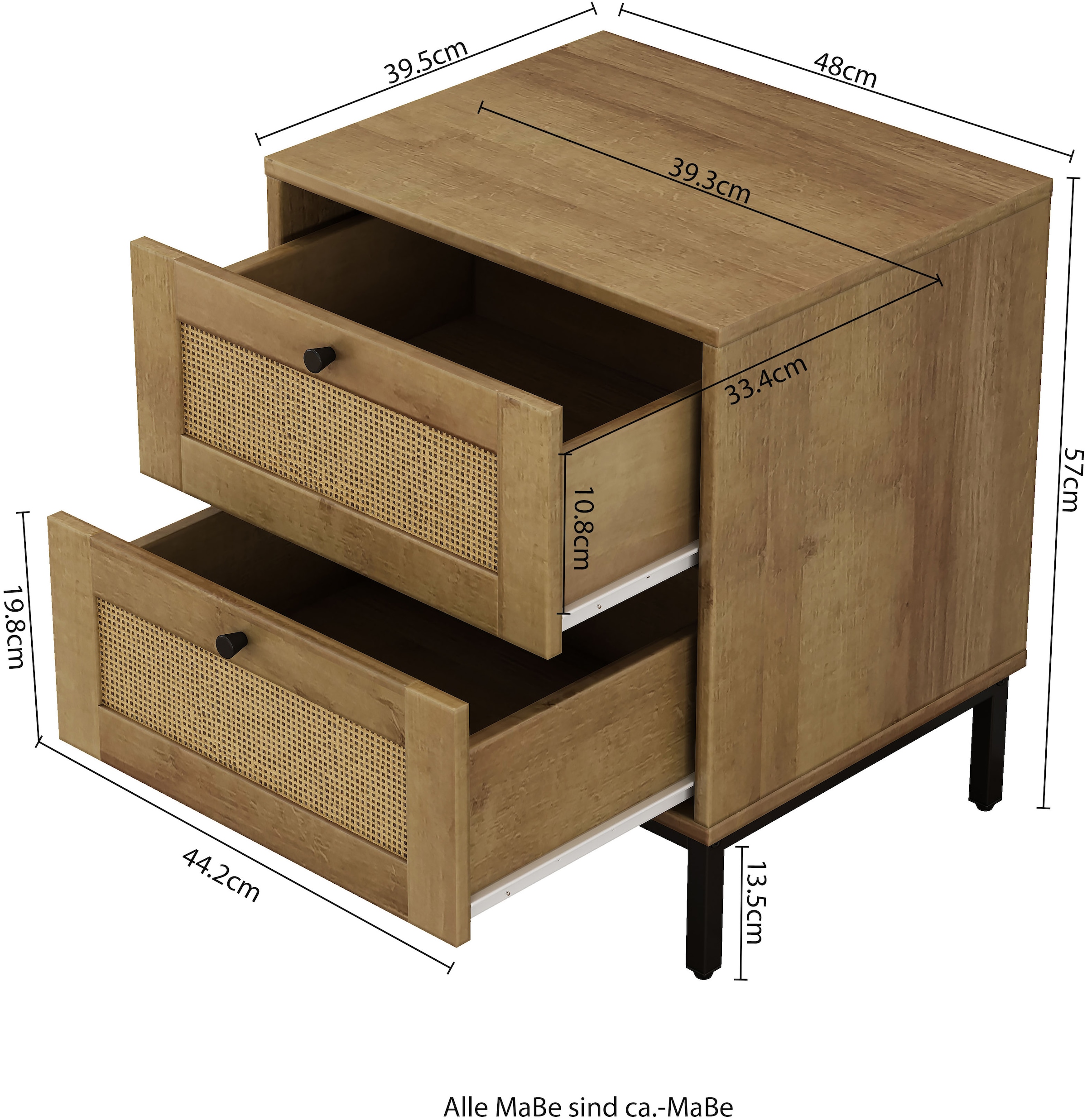 OTTO home Nachtkommode »Motala Nachtschrank Set BOHO Style mit Geflecht Schubladen Bestseller« Set, 2 Schränke im Set - Eichen-Design mit schwarzen Griffen, 