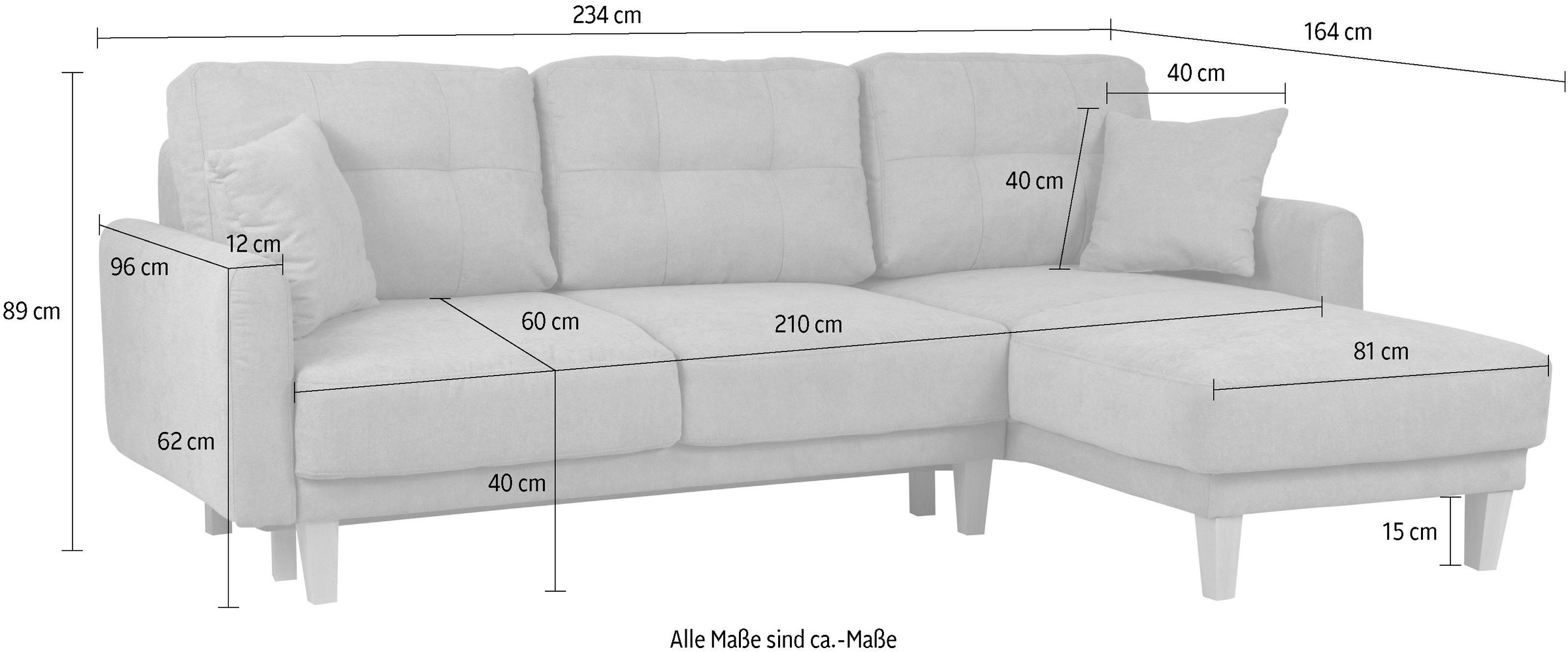 Home affaire Ecksofa »TRIPLO optionale Schlafsofa mit Bettkasten, Maße B/T/H: 234/164/89 cm«, L-Form wahlweise mit Bettfunktion - Liegefläche 132x210 cm