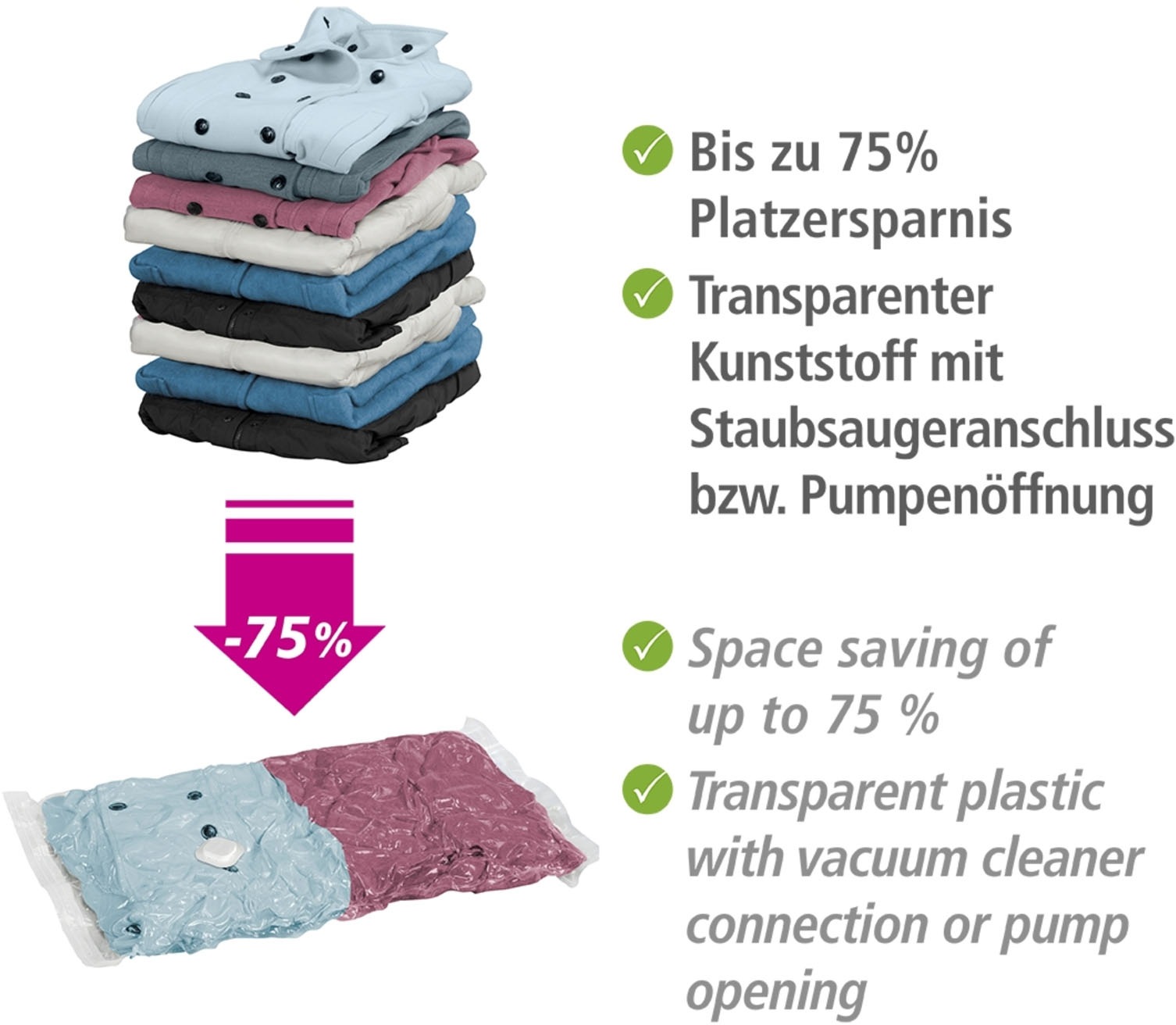 WENKO Vakuumierbeutel »Reise-Set«, (Set, 6 tlg.), Vakuumbeutel für Kleidung zur platzsparenden Aufbewahrung, 2 Größen