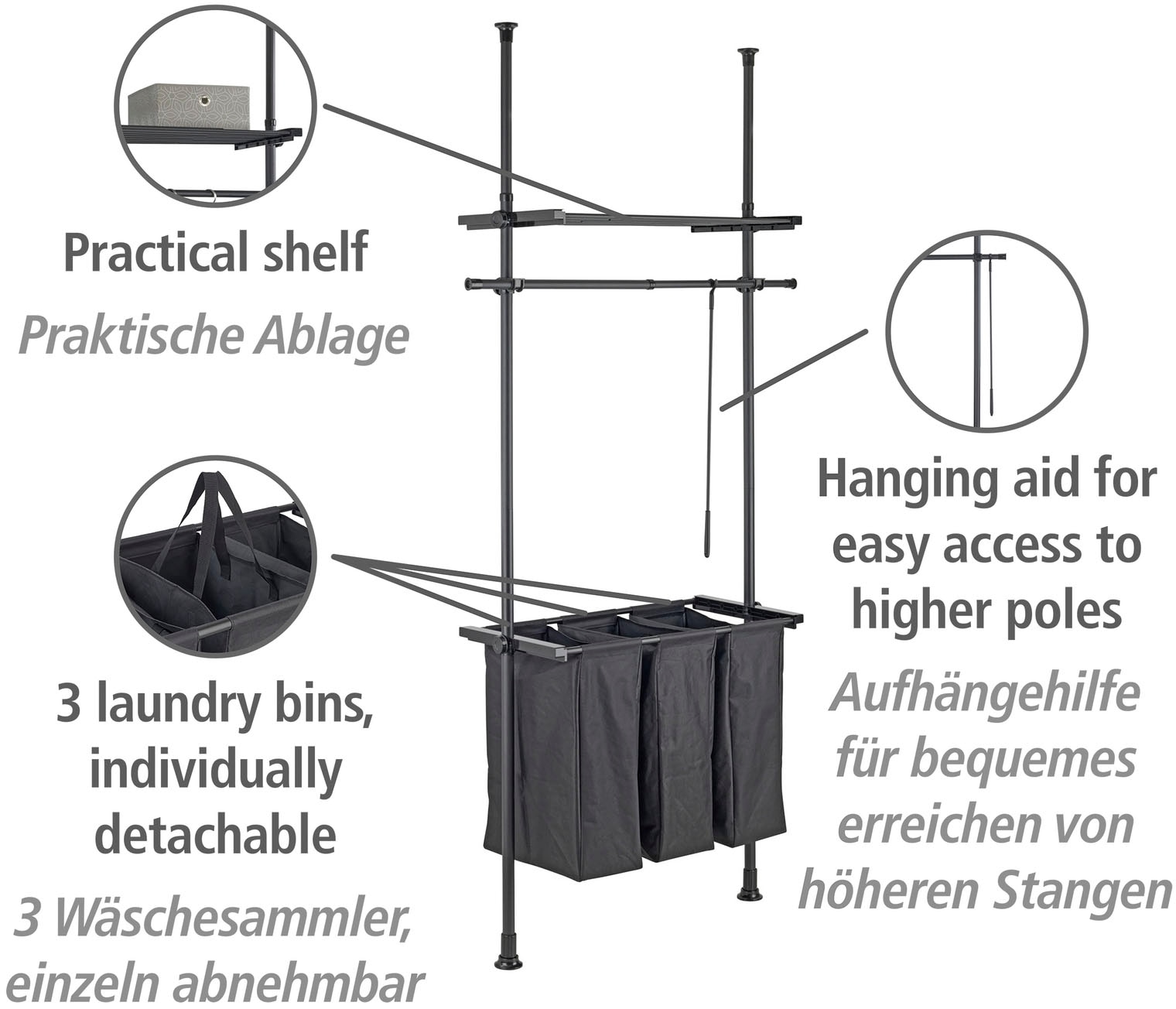 WENKO Wäschesortierer »Modell Herkules Laundry«, Teleskopsystem zum Klemmen, Befestigen ohne Bohren, mit Wäschesammler
