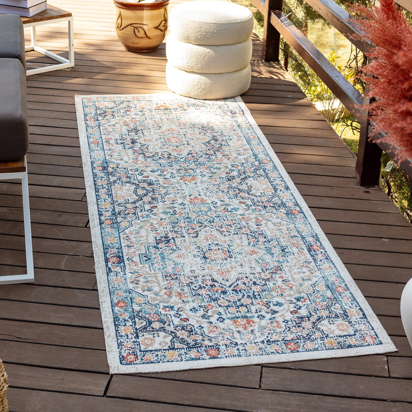 Livabliss Huntington Beach Vintage Blue Beige Orange In- & Outdoor Rug in Navy | Size: 80 cm x 220 cm