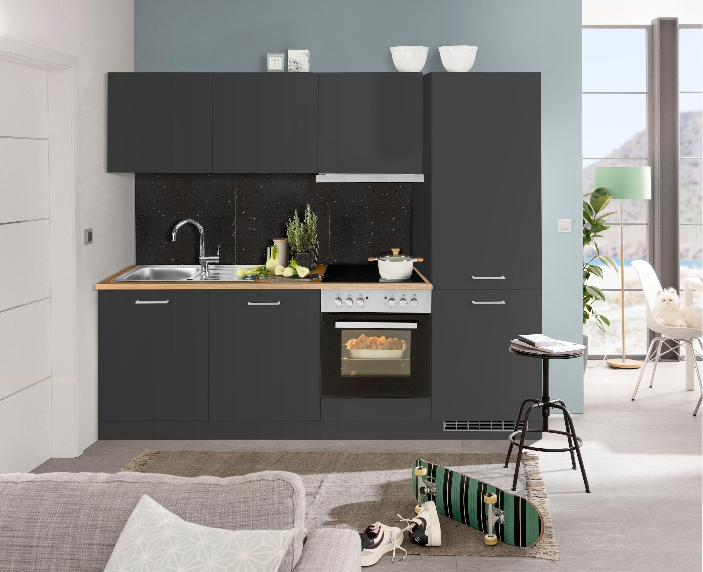 KOCHSTATION Küchenzeile »KS-Kehl« mit E-Geräten, Breite 240 cm, inkl. Kühl/Gefrierkombination