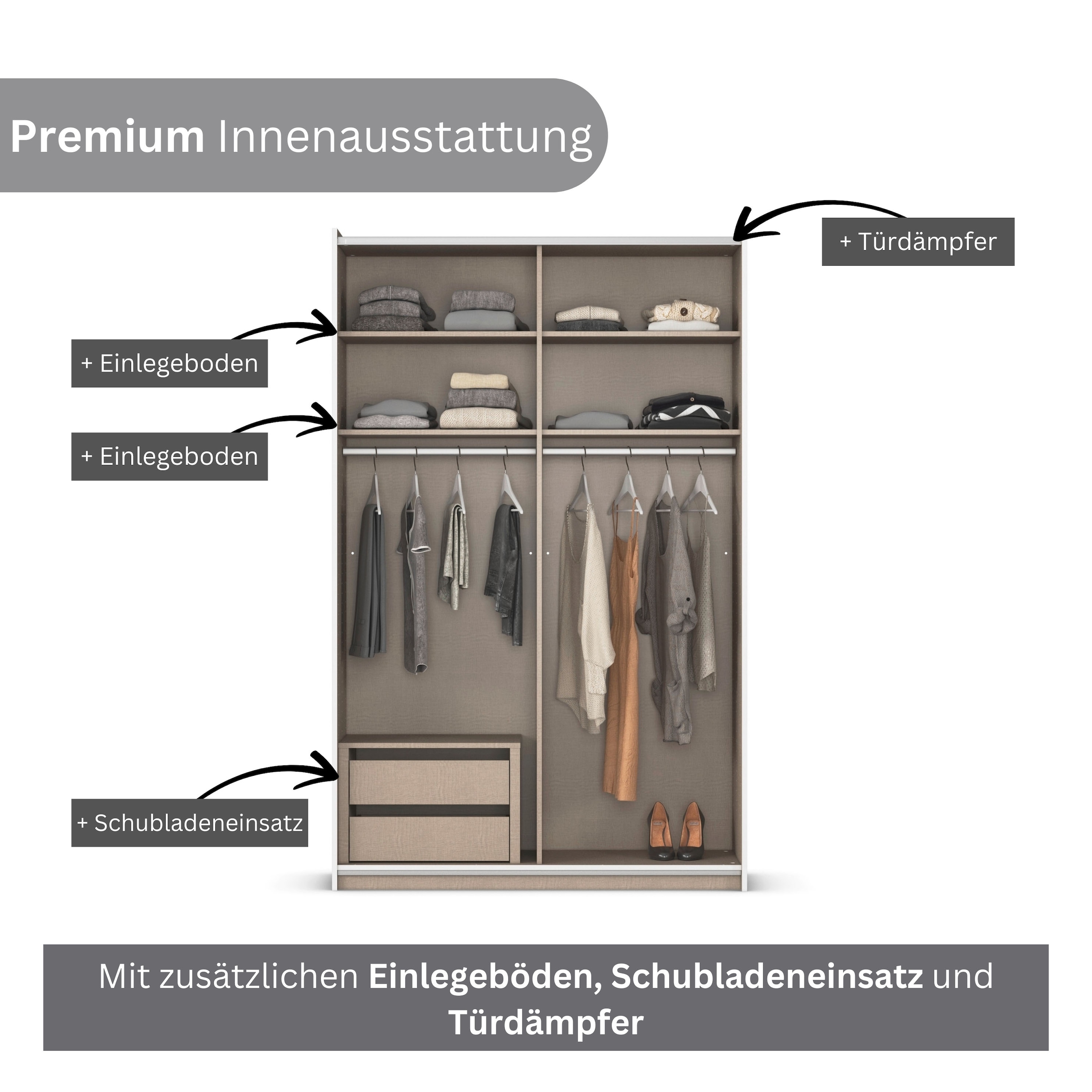 rauch Schwebetürenschrank »Kleiderschrank Schrank Garderobe Schlafzimmerschrank OXFORD«, (in 3 verschiedenen Ausstattungen BASIC/CLASSIC/PREMIUM), mit Griffleisten aus Metall, auch für kleinere Räume MADE IN GERMANY