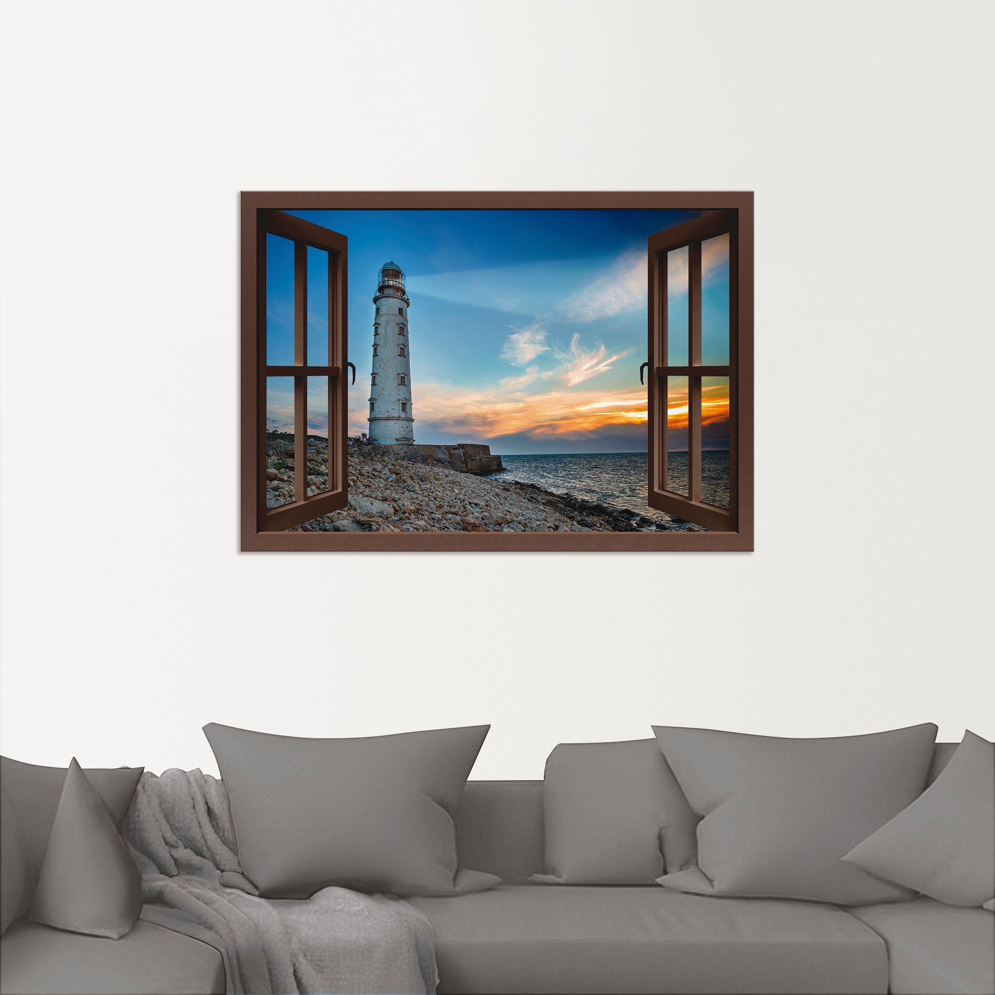 Artland Wandbild »Fensterblick Leuchtturm«, Fensterblick, kaufen als Leinwandbild, in versch. Poster oder bequem Alubild, (1 Wandaufkleber St.), Größen