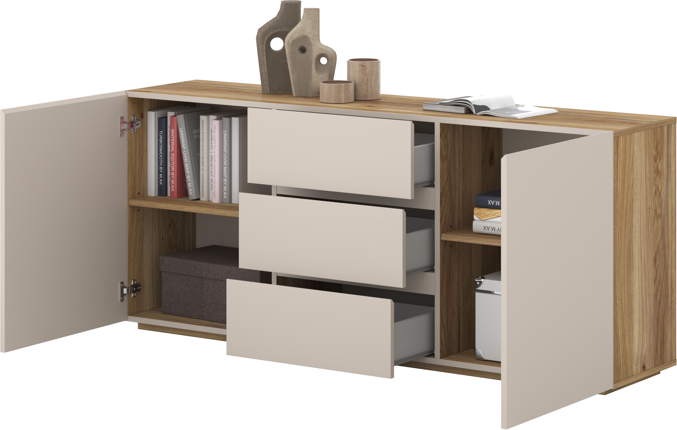 OTTO home Sideboard »Criss, Breite 150 cm, moderne grifflose Kommode 2Türen/3SK« Schubladenkommode mit viel Stauraum, Einlegeböden verstellbar