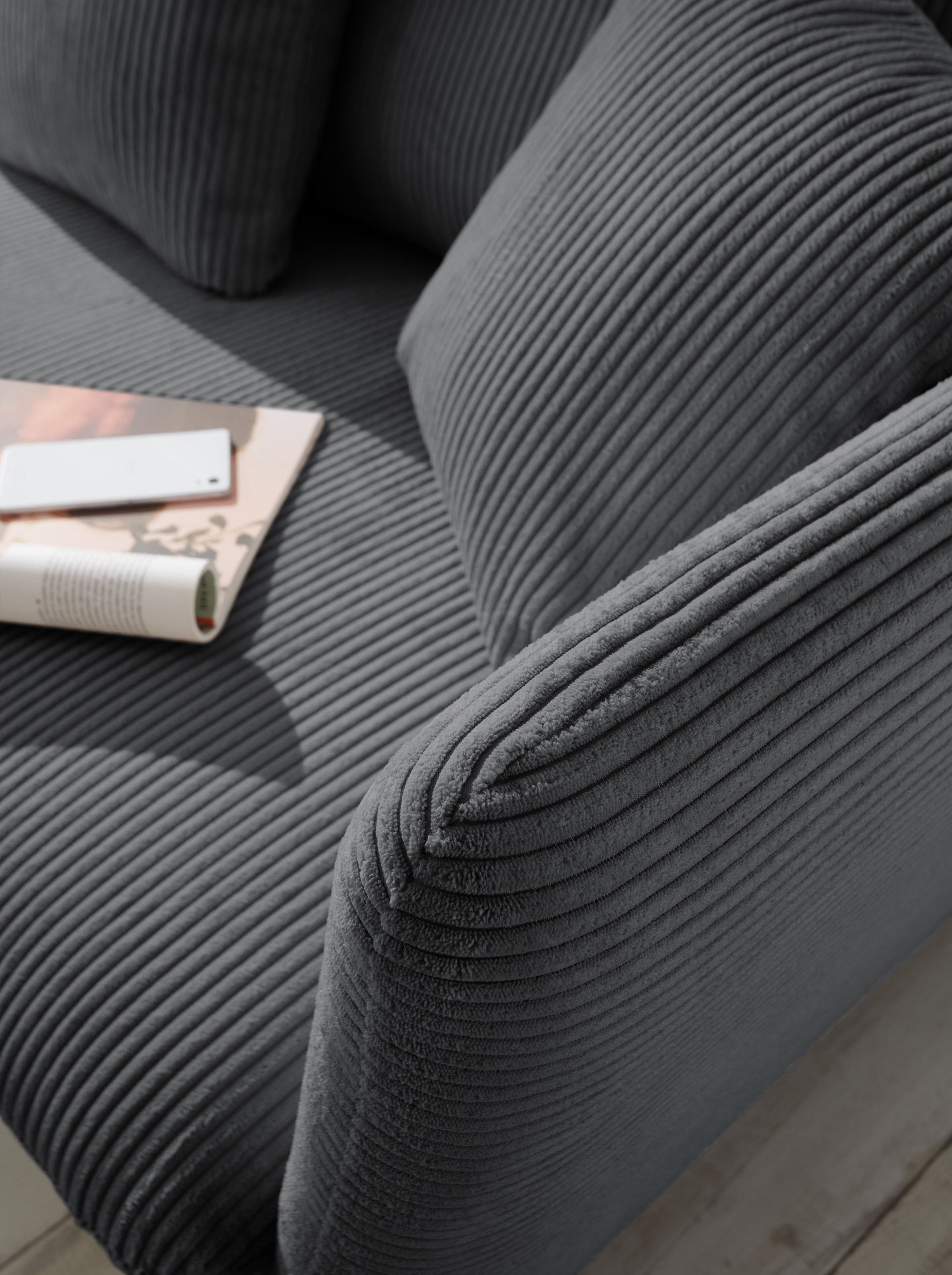 OTTO home Ecksofa »MERLE, 258 cm, L-Form, traumhafter Cord,« mit Bettfunktion und Bettkasten, Liegefläche 224 x 139