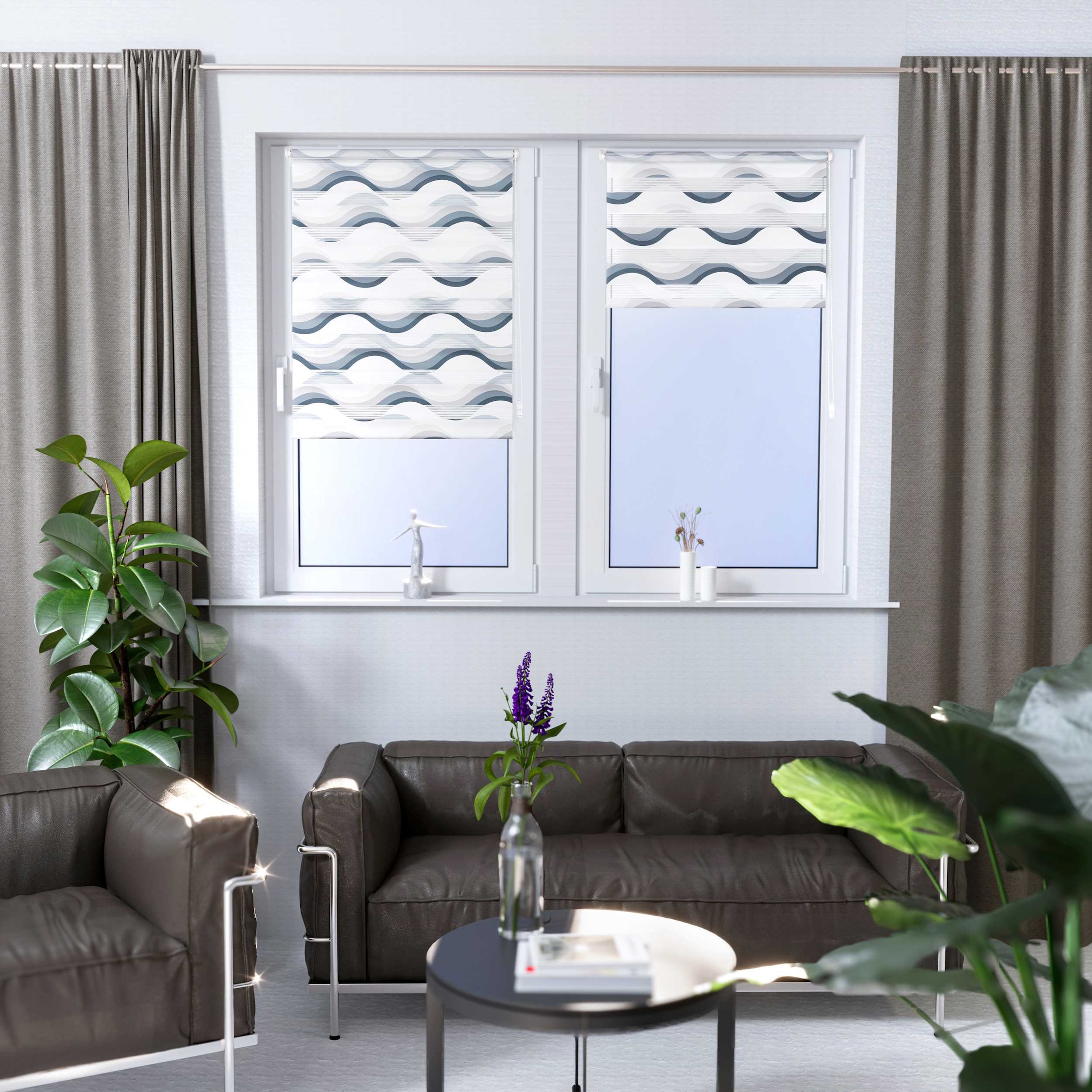 K-HOME Doppelrollo »Wellen Design« Lichtschutz Sichtschutz ohne Bohren freihängend Bedruckt mit Muster