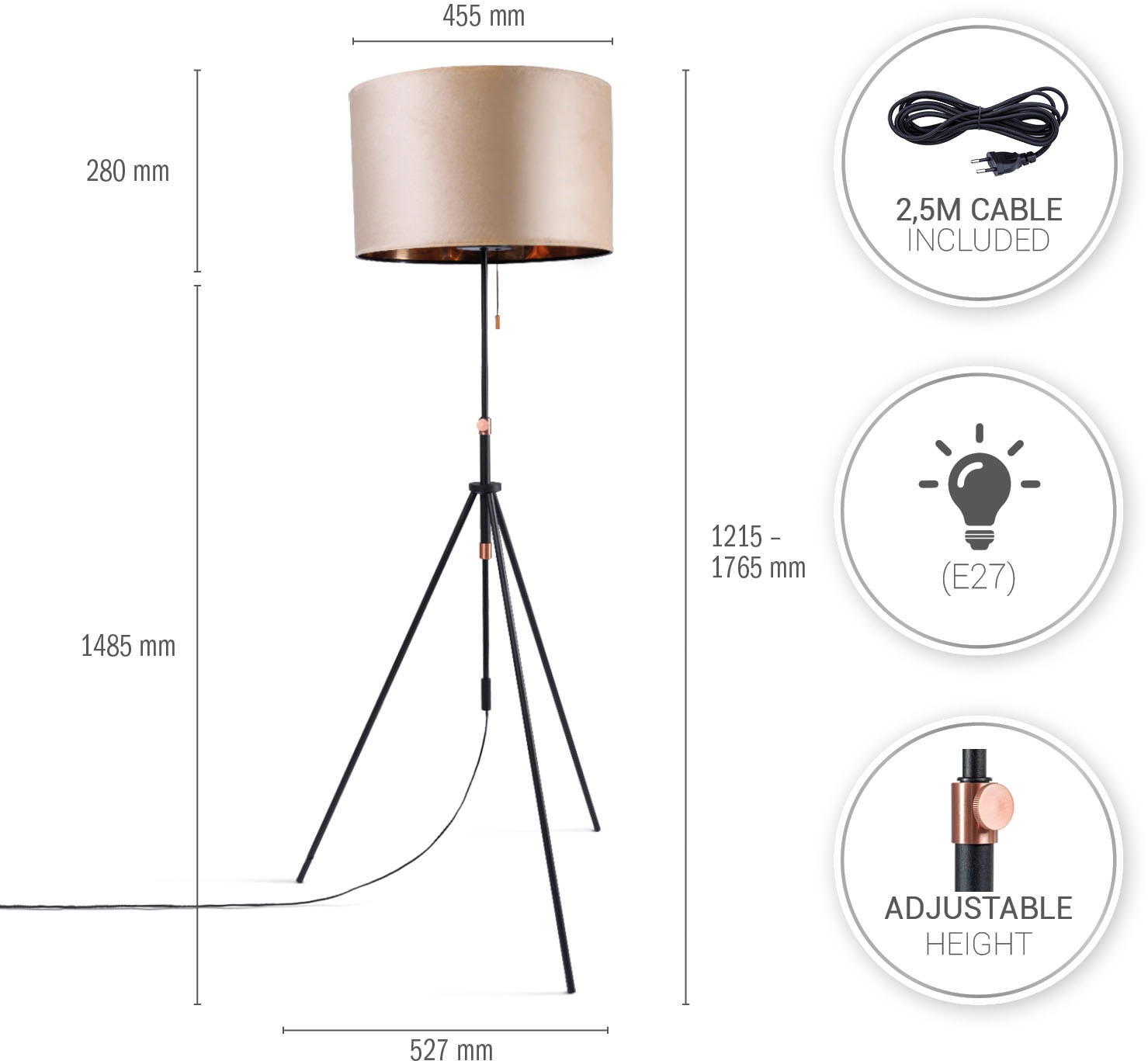 Paco Home Stehlampe »Naomi 176,5 121,5 3 Wohnzimmer Garantie online XXL Zugschalter Jahren uni cm bis | mit Höhenverstellbar Velour Color«, kaufen