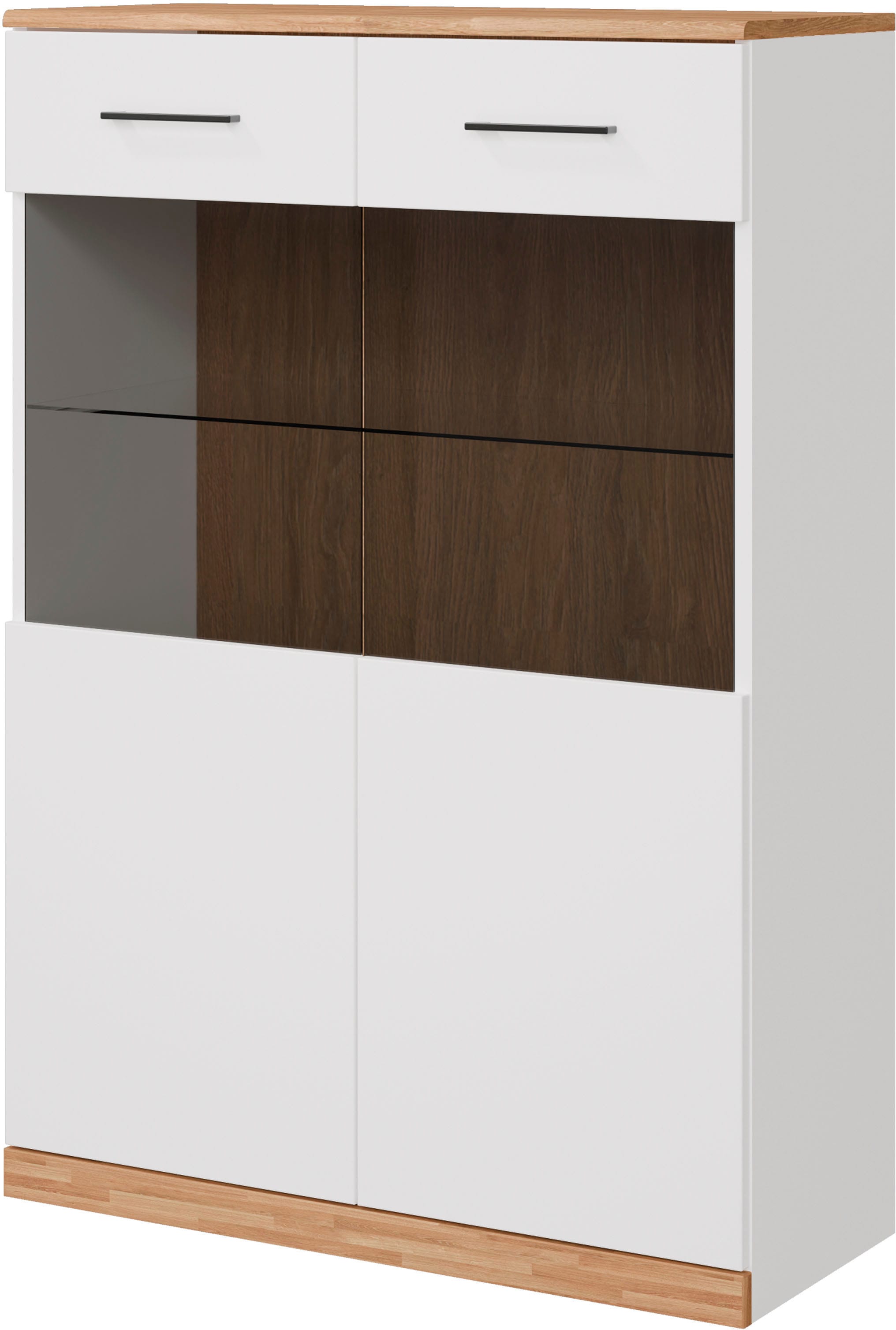 Home affaire Stauraumvitrine »Ribe,125cm hoch,112cm breit,4 breite Fächer«, Oberplatte Eiche massiv,dunkles Glas, schwarze Metall Griffe