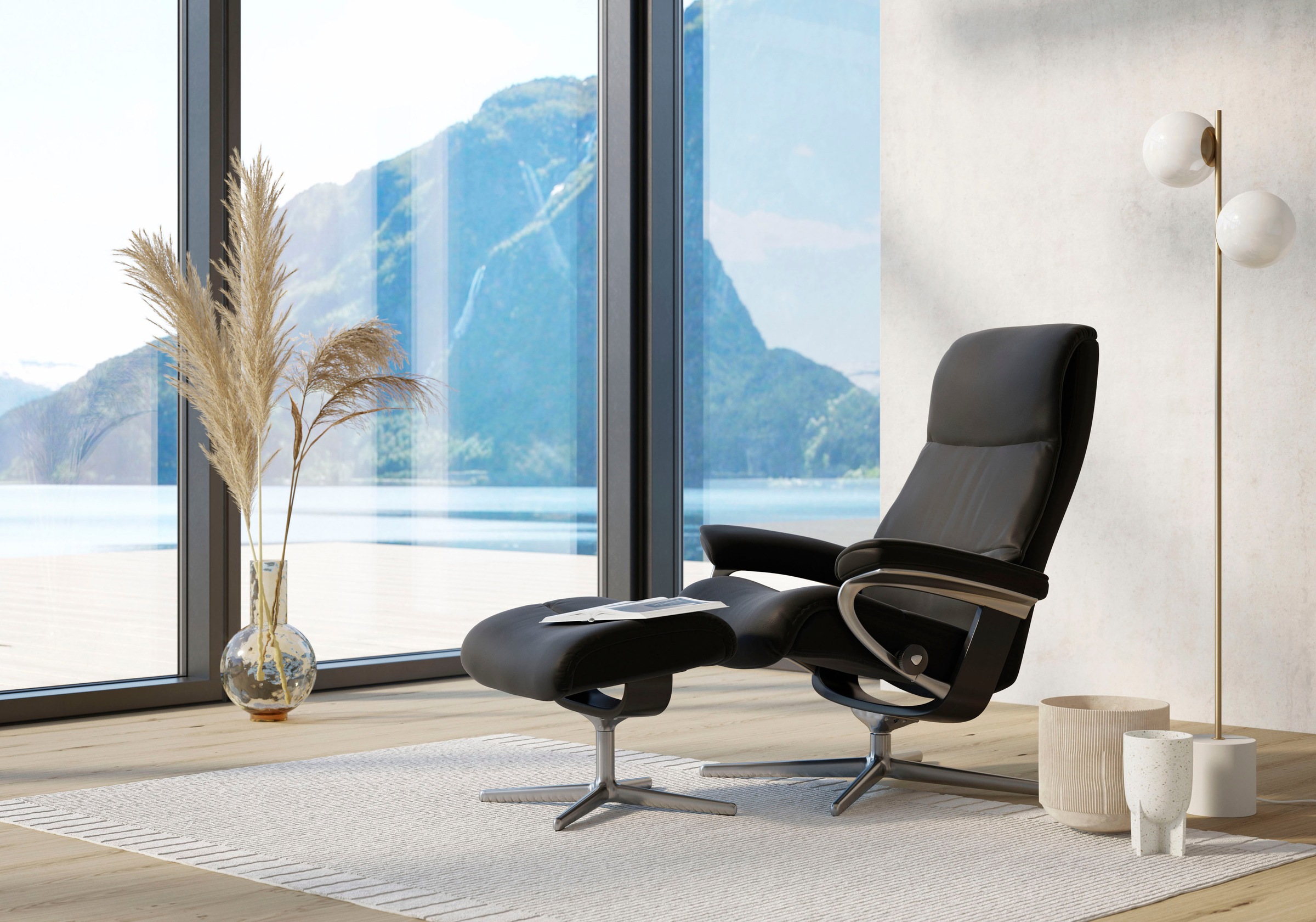 Stressless® Relaxsessel »View«, (Set, Relaxsessel mit Hocker), mit Hocker, mit Cross Base, Größe S, M & L, Holzakzent Schwarz