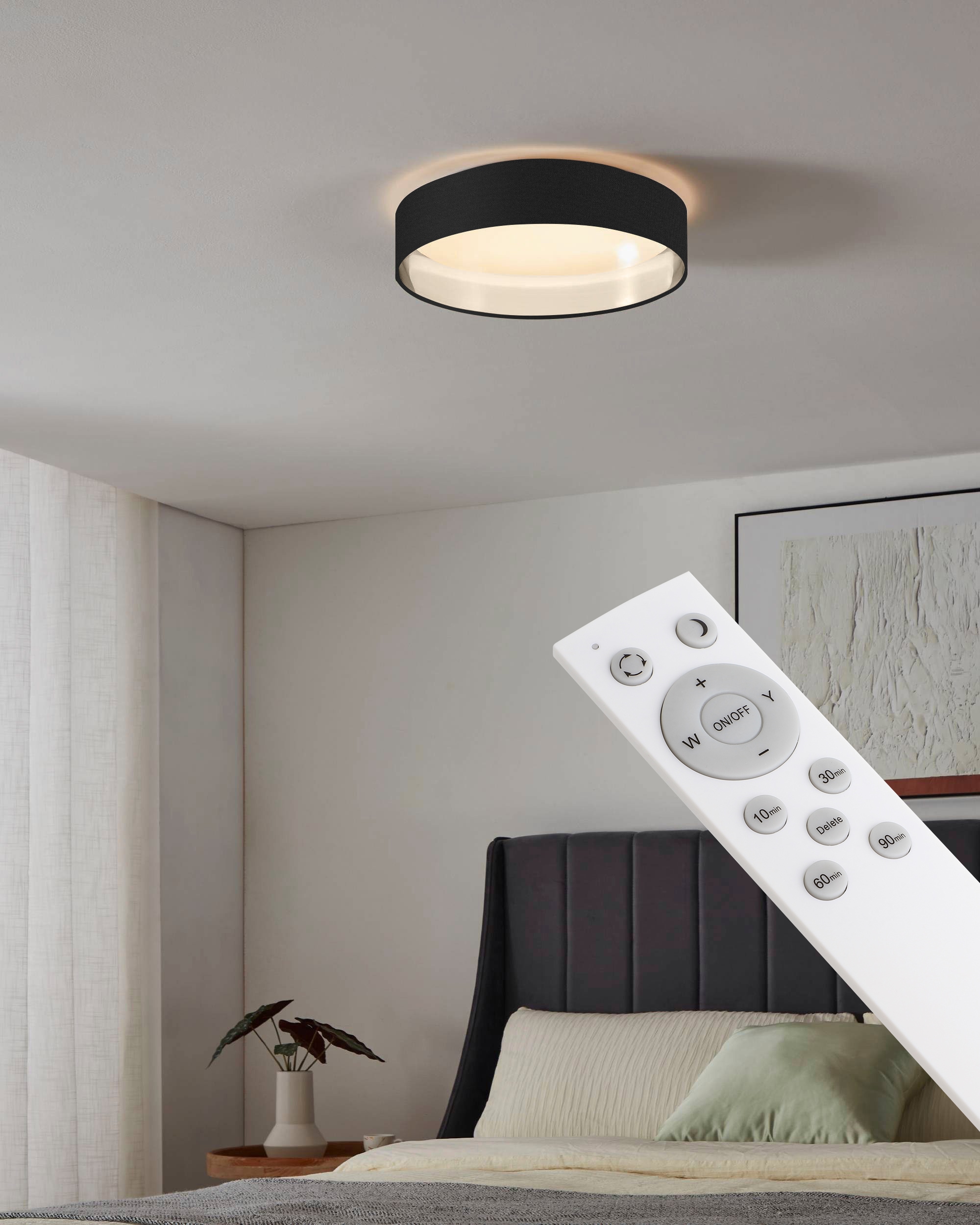 Leonique LED Deckenleuchte »Juria«, 1 flammig, Leuchtmittel LED-Modul | LED fest integriert, Deckenlampe Ø38 x H9 cm mit Textil-/Stoffschirm, CCT, Fernbedienung