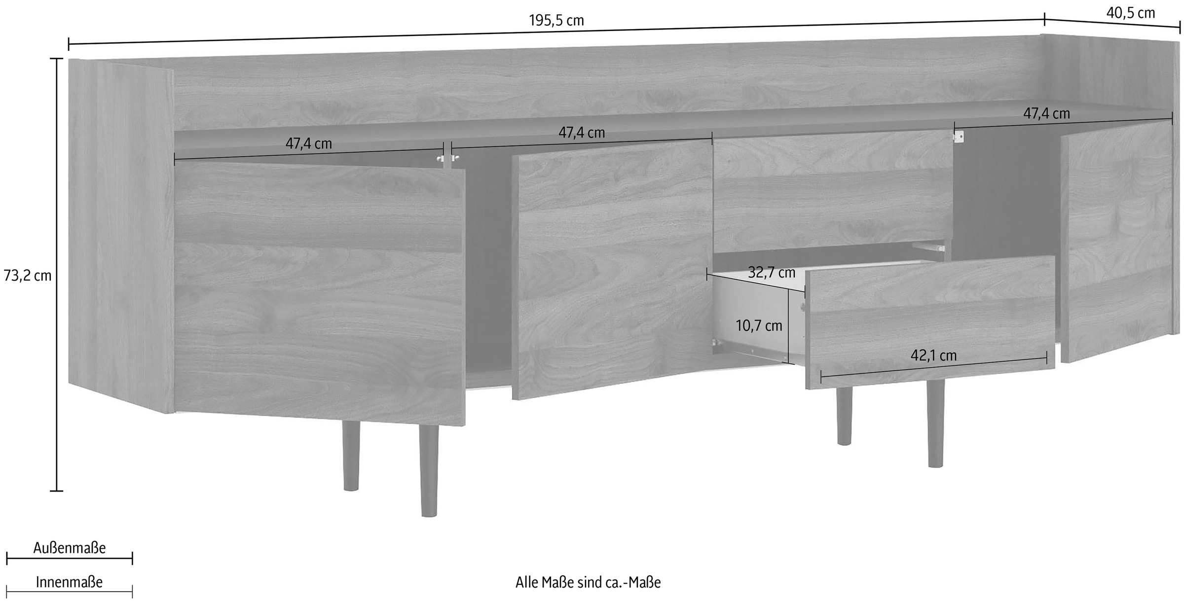 Home affaire Sideboard »Unit Aufbewahrung, Schubladenschrank, Sideboard,«, 3 Türen, 2 Schubladen, Breite 195 cm, Höhe 73 cm