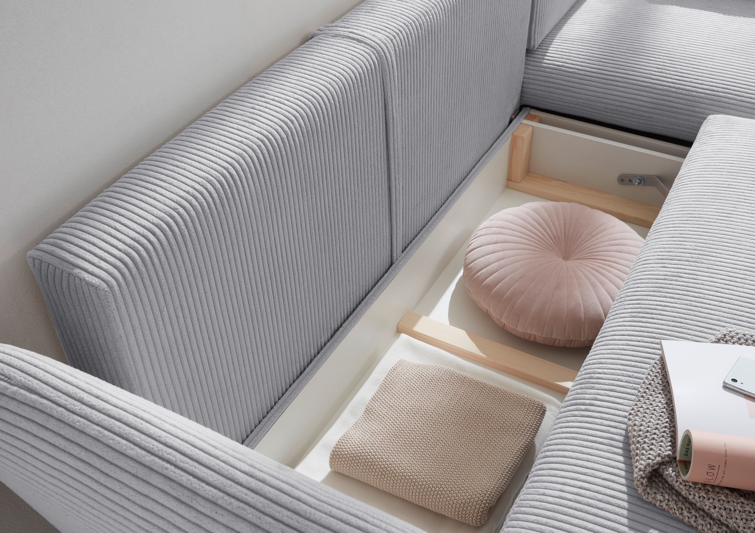 andas Ecksofa »MERLE, 258 cm, L-Form, traumhafter Cord,«, mit Bettfunktion und Bettkasten, Liegefläche 224 x 139