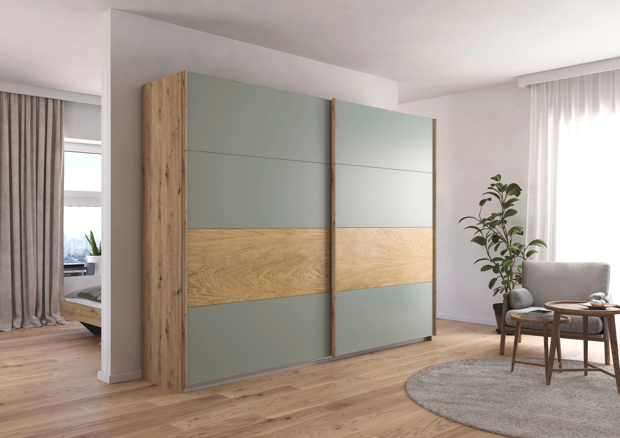 rauch Schwebetürenschrank »Kleiderschrank Schrank Garderobe Schlafzimmerschrank MALVA«, Bauchbinde abgesetzt in gebürstetem Eiche Furnier MADE IN GERMANY