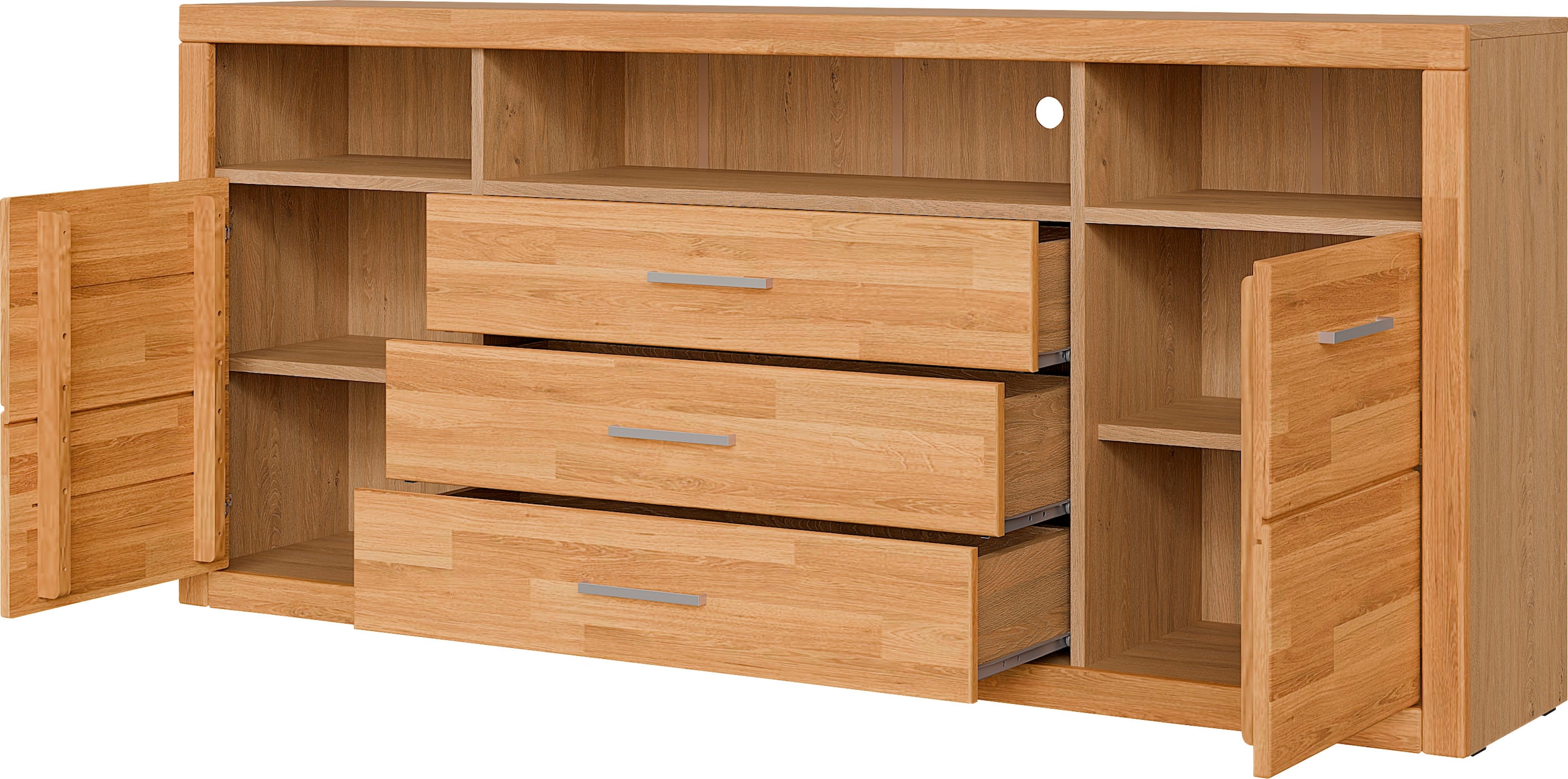 OTTO home Sideboard »Ribe,180cm breit, Fronten Massivholz,7 Fächer« Holz massiv, Holzwerkstoff, Metall Griffe,2Türen,3Schubladen