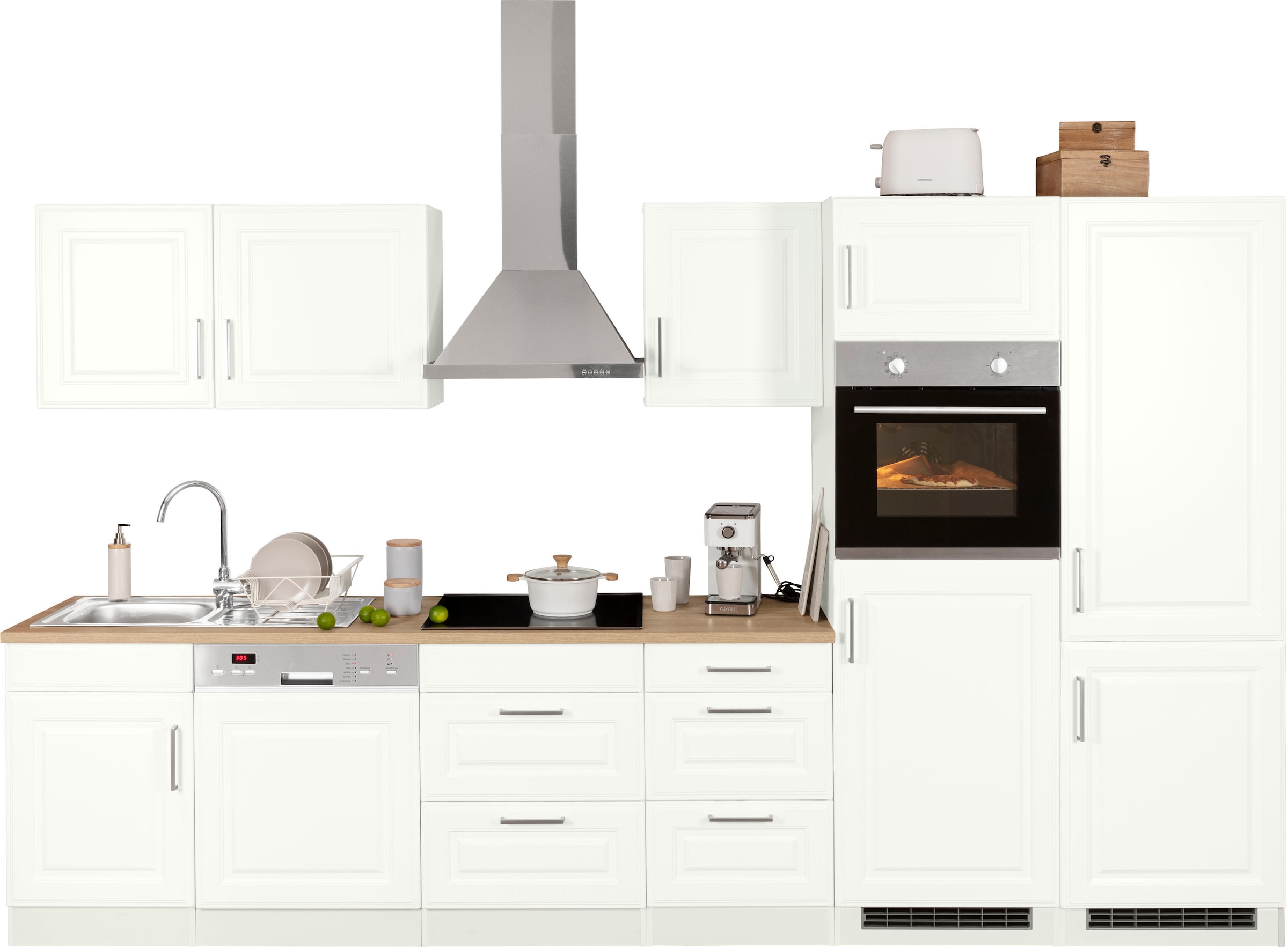 KOCHSTATION Küchenzeile »KS-Stockholm – Küche mit hochwertiger und detailreicher Landhausfront« Breite 340 cm, wahlweise mit E-Geräten,mit MDF-Fronten