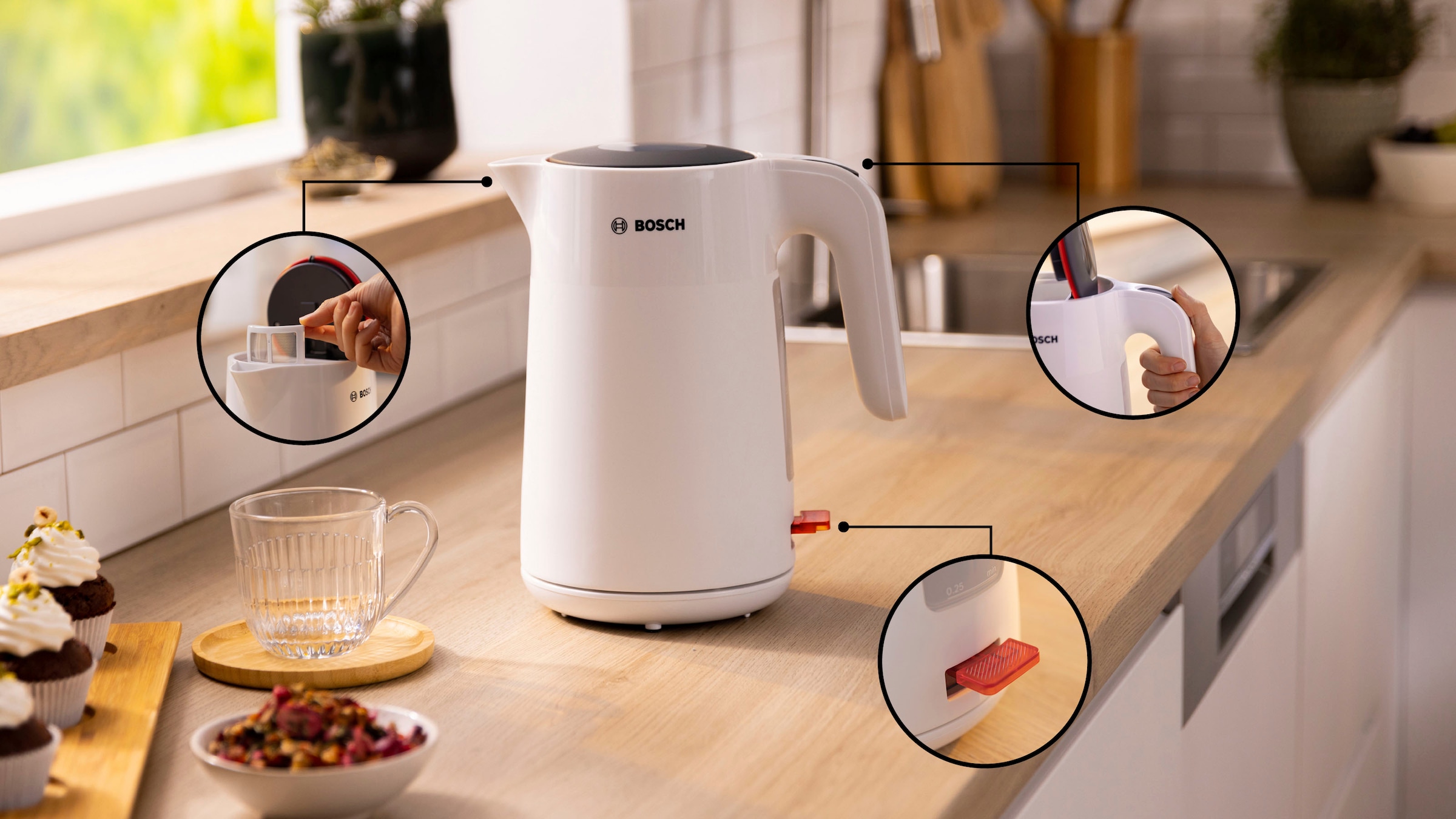 BOSCH Wasserkocher »MyMoment TWK2M161, Abschaltautomatik, Überhitzungschutz, Tassenanzeige«, 1,7 l, 2400 W, Stiftung Warentest Testsieger (2,2) Ausgabe 03/2025, weiß matt