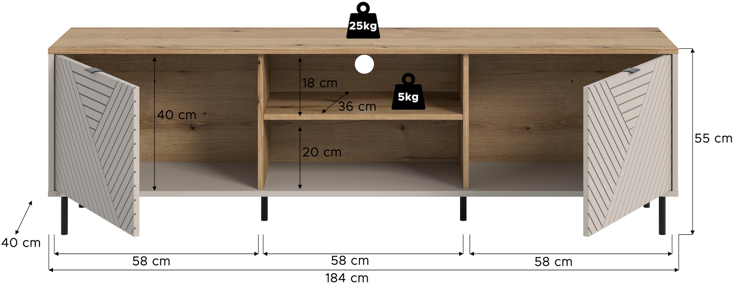 Home affaire Lowboard »RAITA, Breite 184 cm, Front mit Desgin-Fräsung, 2 Türen, viel Stauraum« moderne Farbkombi, individuell einsetzbar, Griffe & Füße aus Metall,  Kommode, Anrichte, Schrank, Sideboard, TV-Schrank, TV-Lowboard