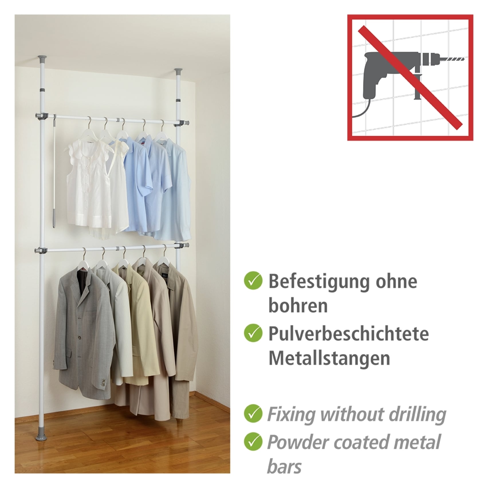 WENKO Teleskopregal »Modell Herkules Basic«, Kleiderstangen zum Klemmen ohne Bohren, verstellbar in Höhe & Breite