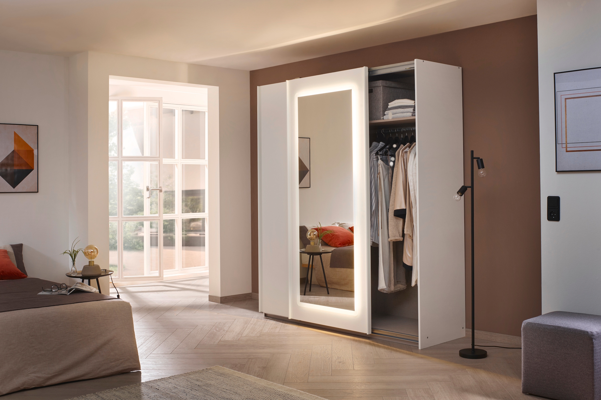 rauch Schwebetürenschrank »Kleiderschrank Schrank Garderobe Wäscheschrank ABRAXXAS«, mit Spiegel und integrierter dimmbarer LED-Beleuchtung MADE IN GERMANY