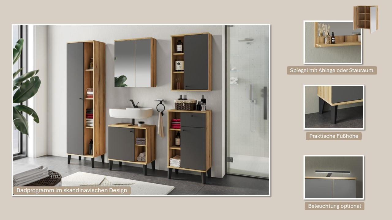 INOSIGN Badmöbel-Set »OSLO, Bad im skandinavischen Design, 5-teiliges Badezimmer«, (Set, 5 St.), Badschränke und Spiegel, in zwei Farben verfügbar, viel Stauraum