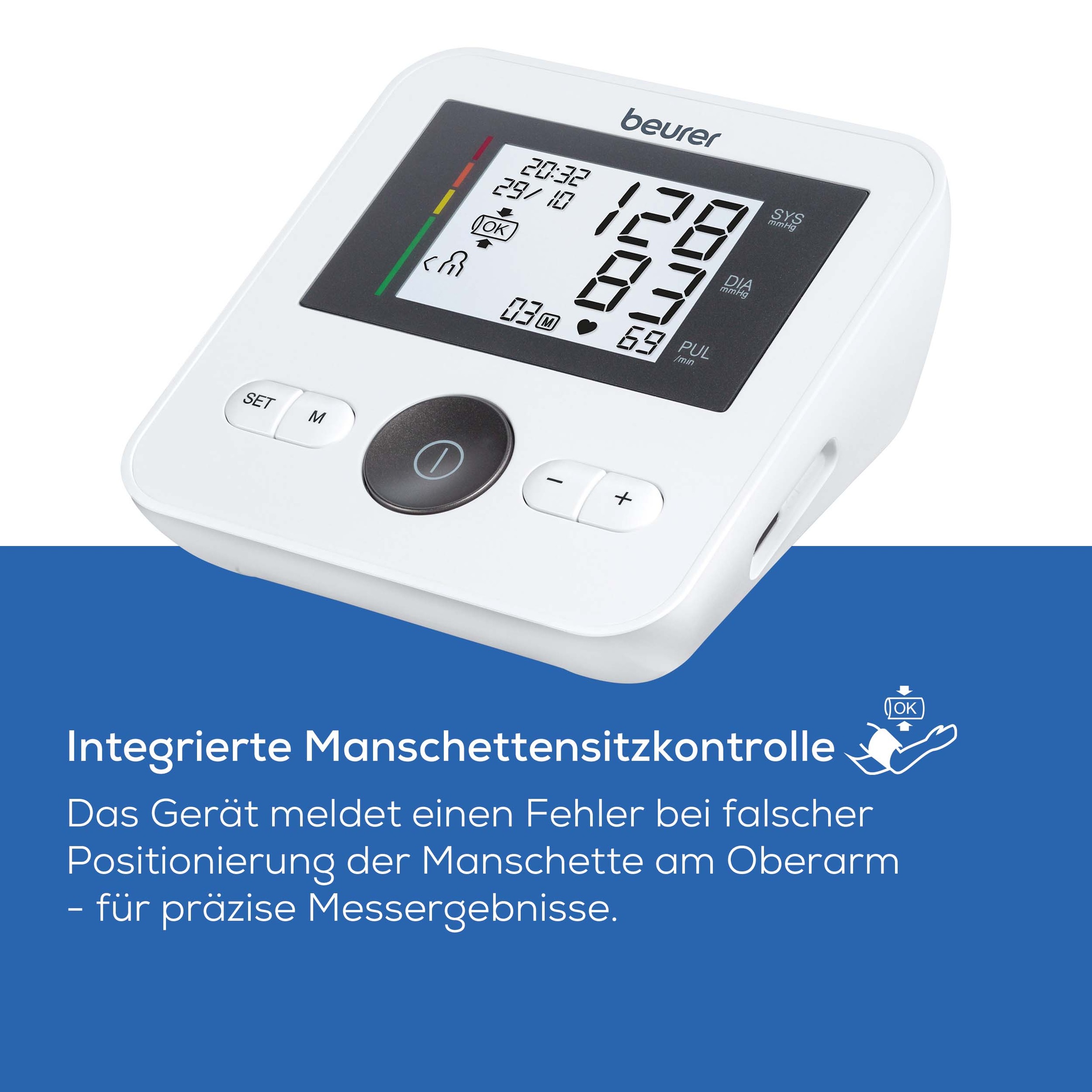 BEURER Oberarm-Blutdruckmessgerät »BM 27+ mit Arrhythmie-Erkennung und farbiger Messergebnis-Skala«, mit Manschetten-Sitzkontrolle und farbiger Messergebnis-Skala