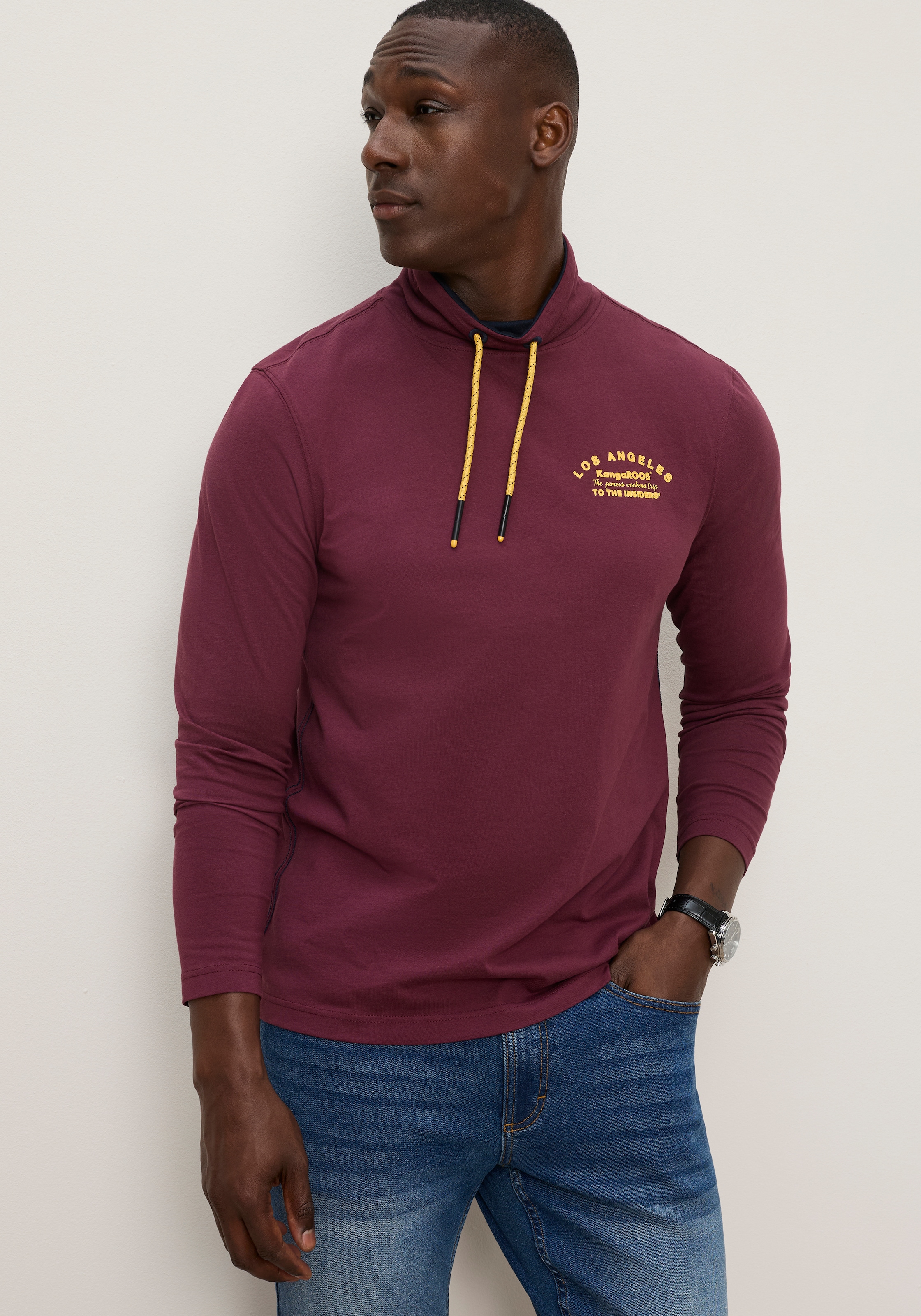 KangaROOS Langarmshirt mit hoch geschlossenem Ausschnitt und Kordelzug, normale Passfor