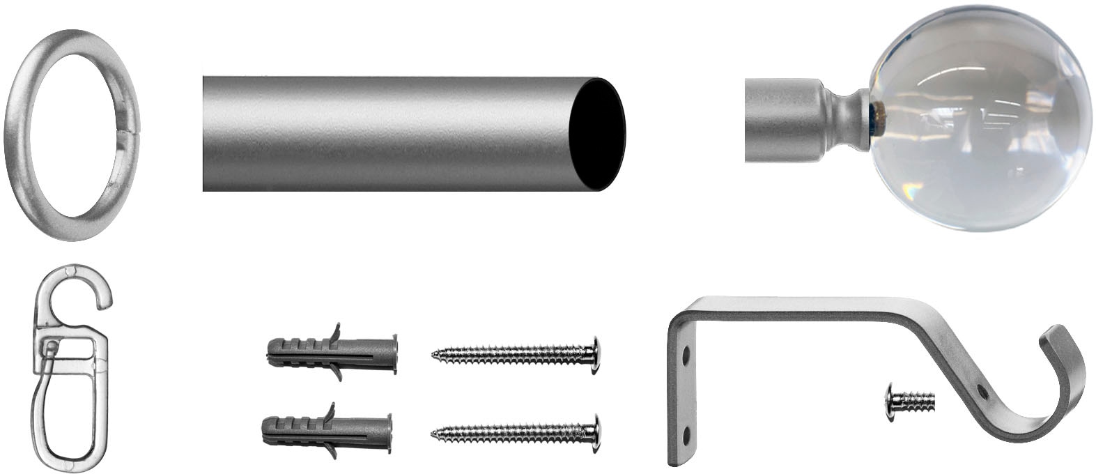 indeko Gardinenstange »Kugel Glas klar«, Montagematerial läufig-läufig, Komplett-Set Ringen 1 inkl. Fixmaß, und