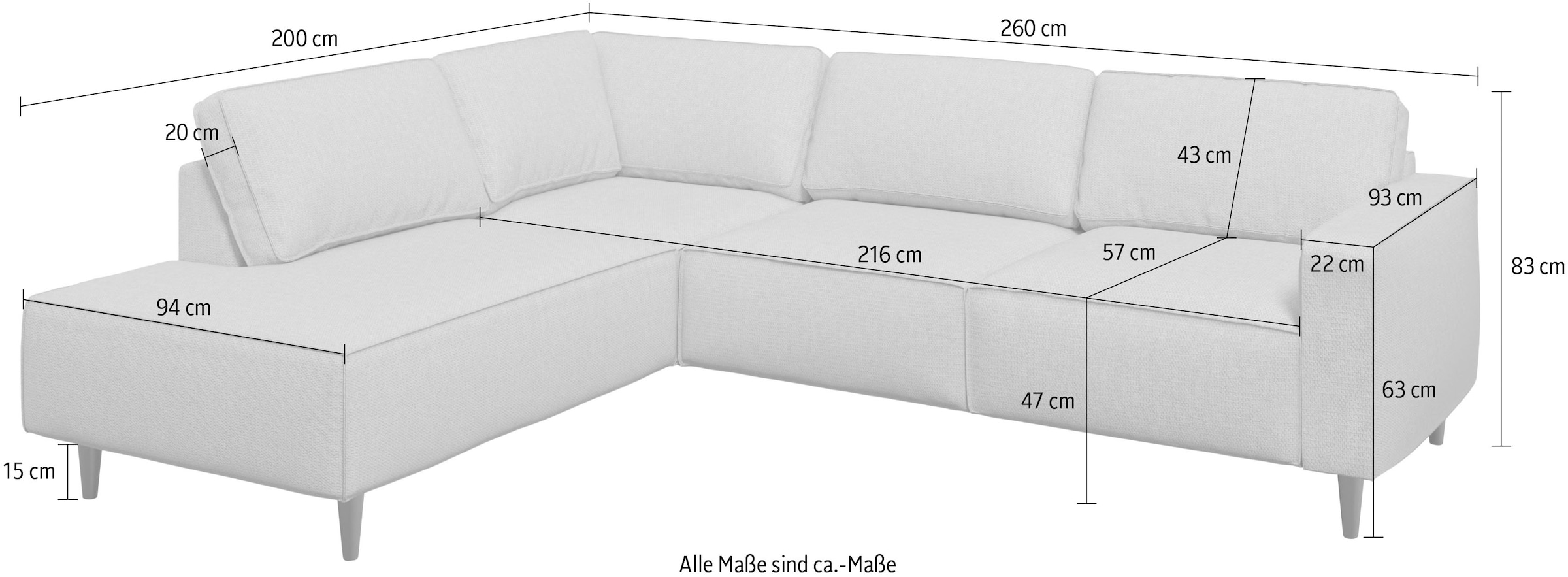 Places of Style Ecksofa »Fumone, Lederoptik oder Soft-Touch Chenille«, Breite 260, mit schwarzen Massivholzfüßen