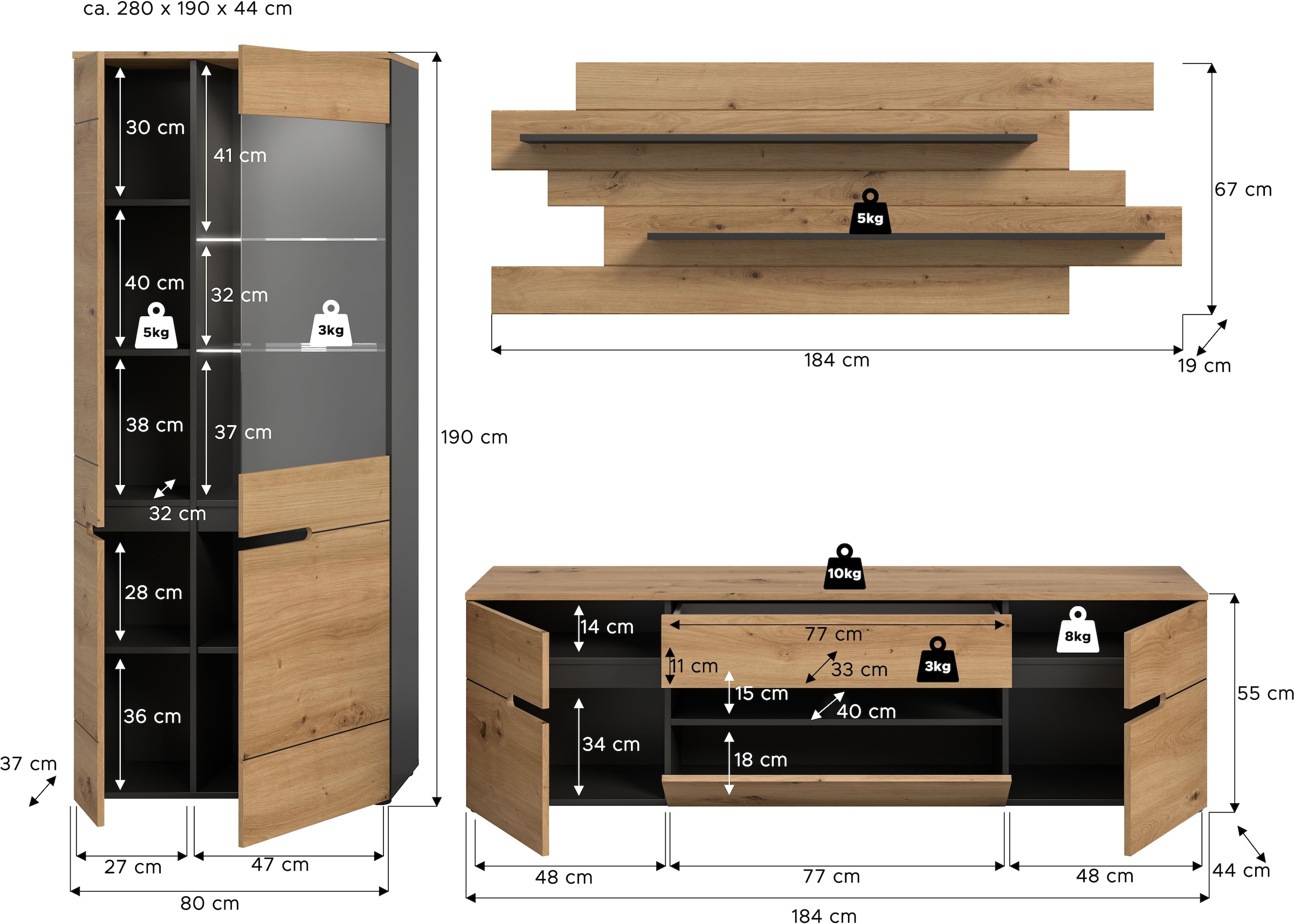 INOSIGN Wohnwand »REHAT, TOPSELLER!, 3-teilig, Breite 280 cm, inklusive Beleuchtung« Set inkl. Beleuchtung, bestehend aus: Vitrine, Lowboard und Wandboard, 5 Stk. tlg.