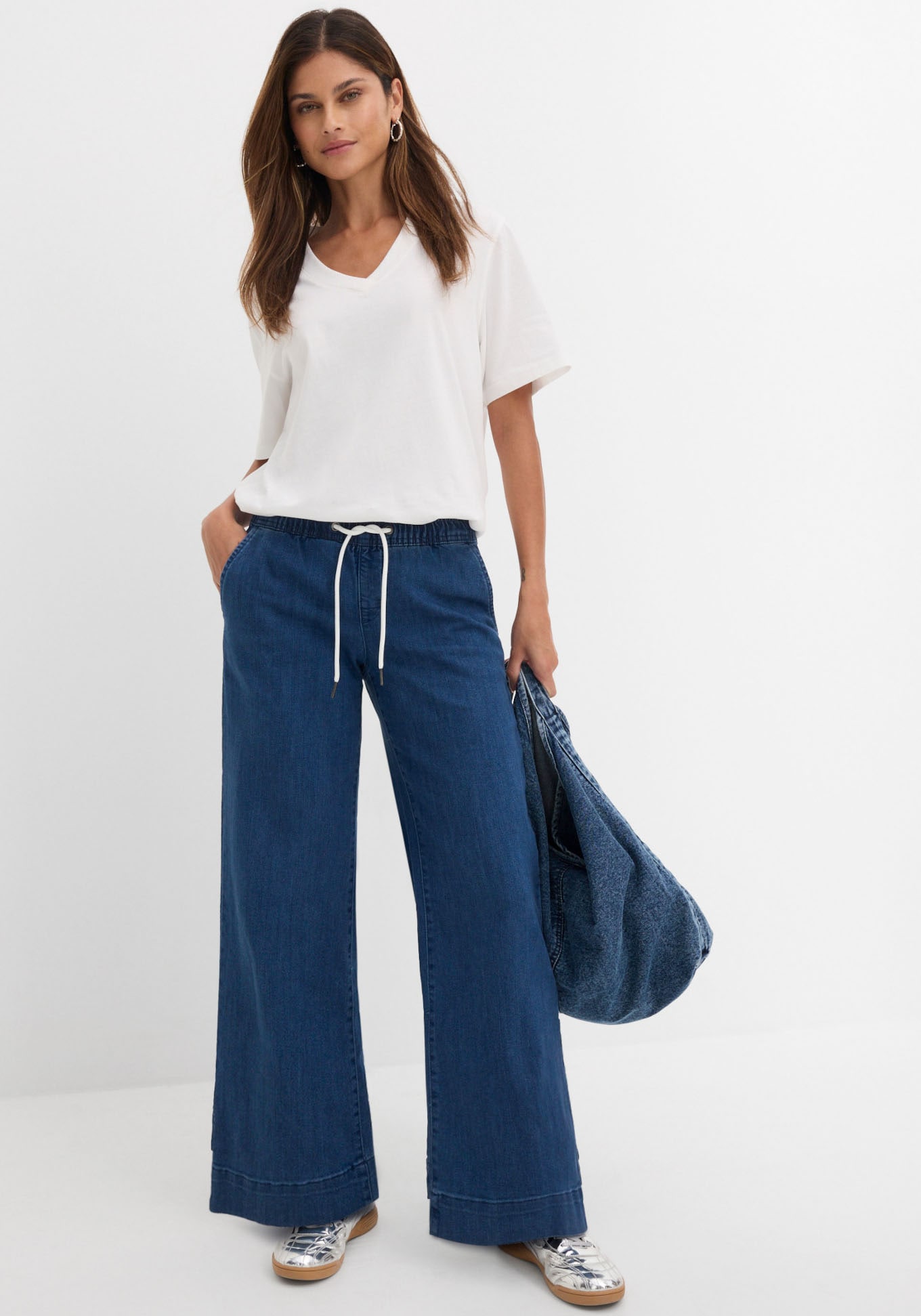 bonprix Weite Jeans »Wide Leg Jeans Mid Waist, Stretch« Loose Fit Passform, mit elastischem Bund und Tunnelzug