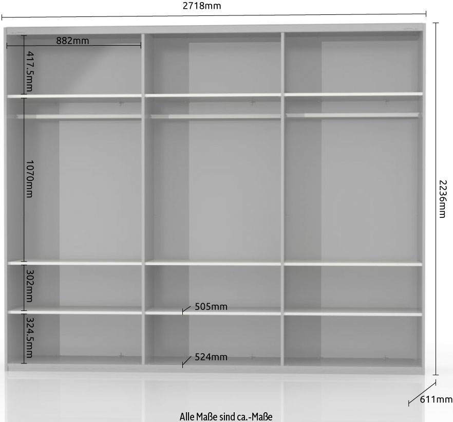 Places of Style Kleiderschrank »Onyx, Schwebetürenschrank inklusive Innenleben, FSC-zertifiziert«, (in 3 Breiten: 182, 230 oder 272cm, Höhe 224cm), UV lackiert, hochglänzend anthrazit, mit Soft-Close Funktion