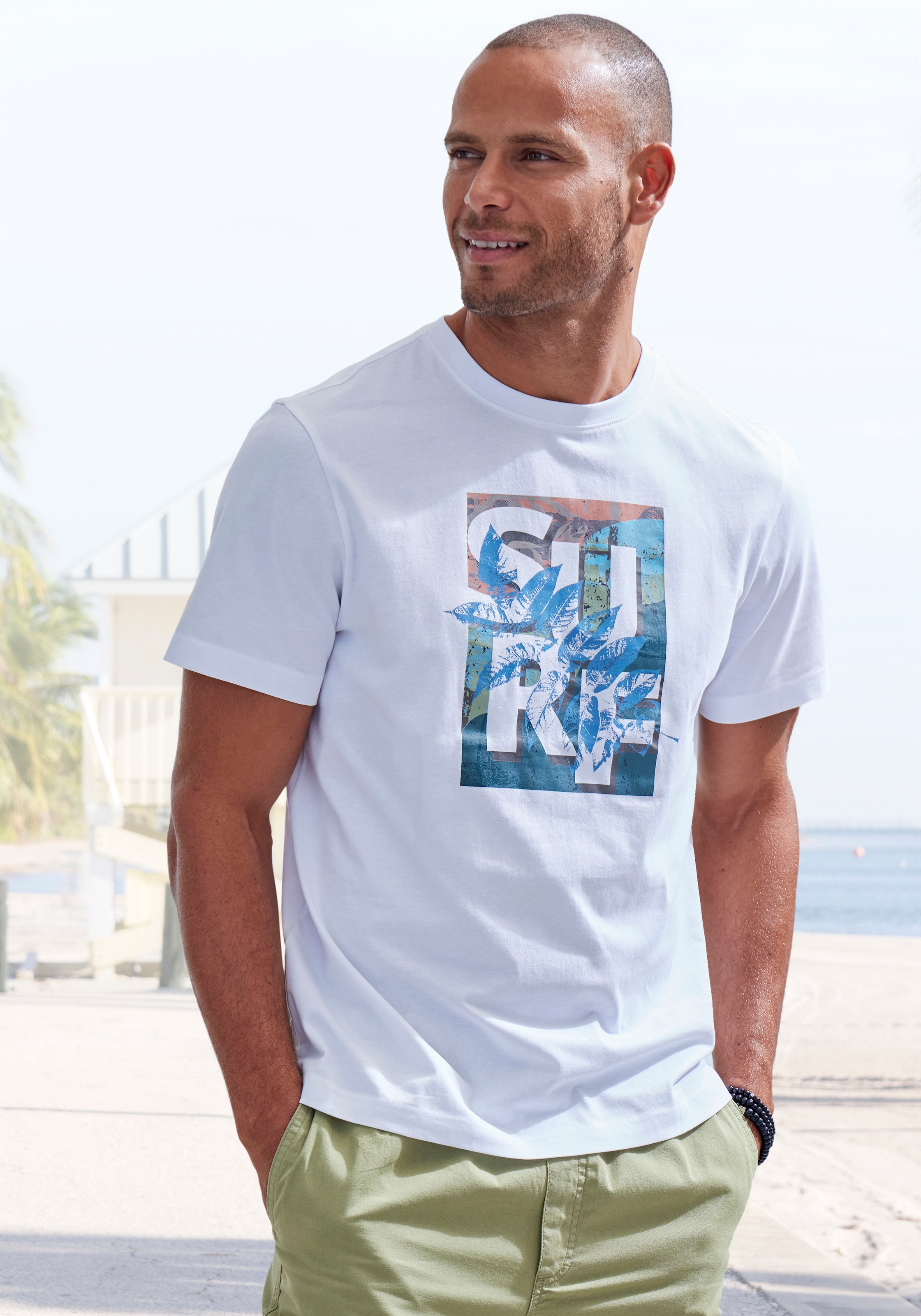 John Devin T-Shirt, Rundhalsshirt mit Surf -Aufdruck aus reiner Baumwolle