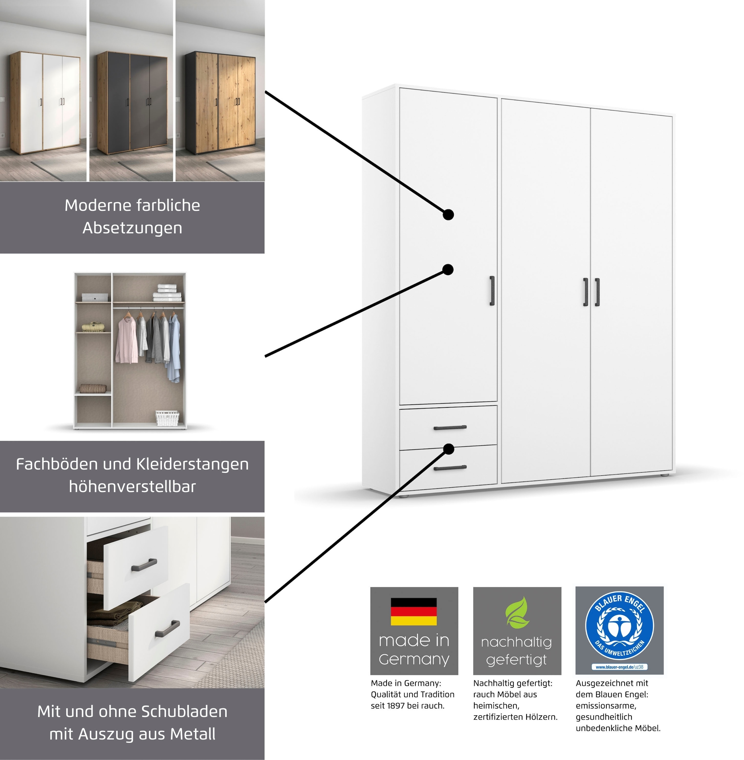 rauch Drehtürenschrank »Kleiderschrank Schrank Garderobe Wäscheschrank VOYAGER«, (in 3 verschiedenen Ausstattungen BASIC/CLASSIC/PREMIUM), mit modernen Griffen in Graumetallic und Spiegel