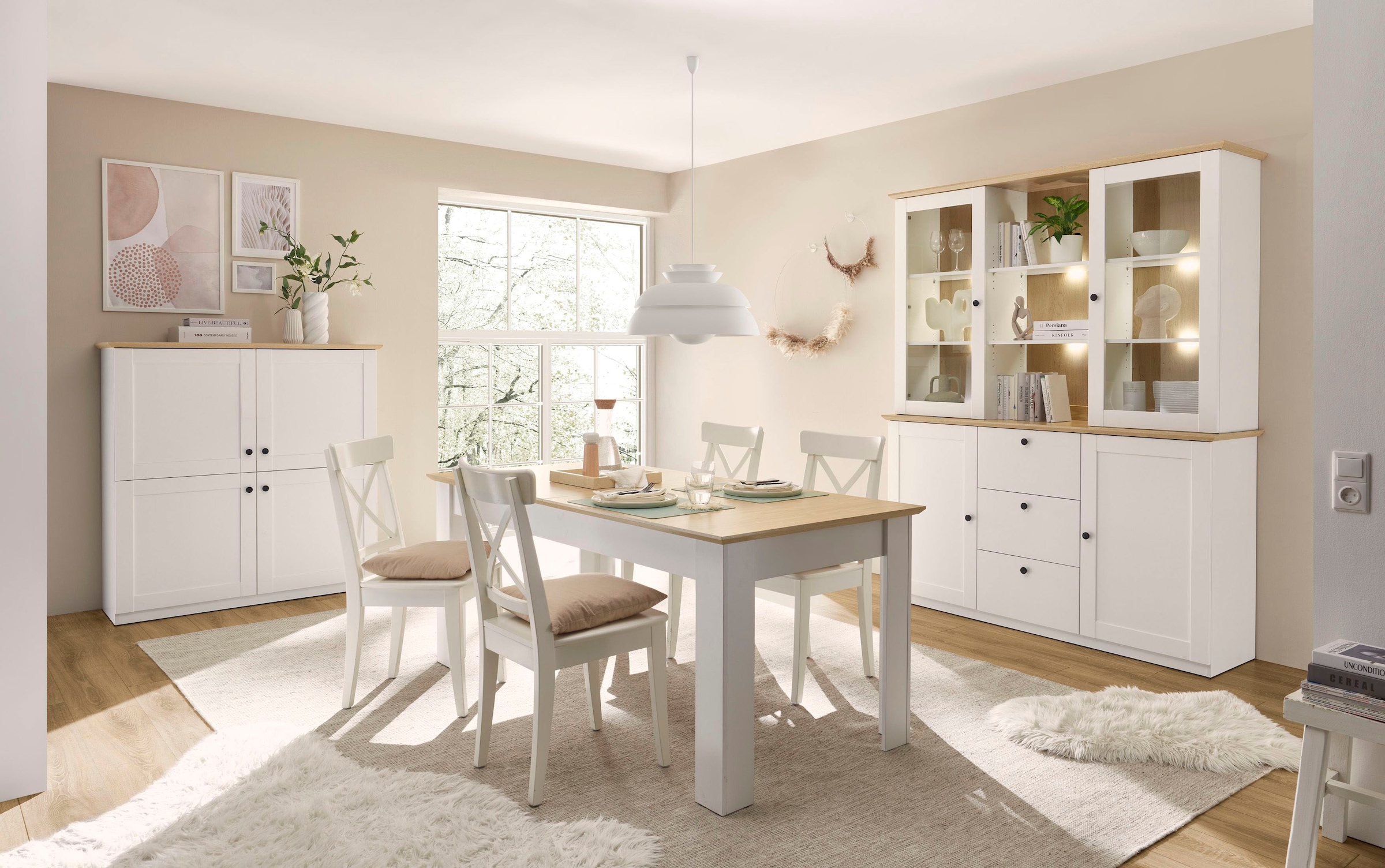 OTTO home Buffet »Brest, Hochschrank im Landhausstil, Schrank, Küchenschrank« schwarze Metallgriffe, viel Stauraum, Glastüren, 164 cm breit