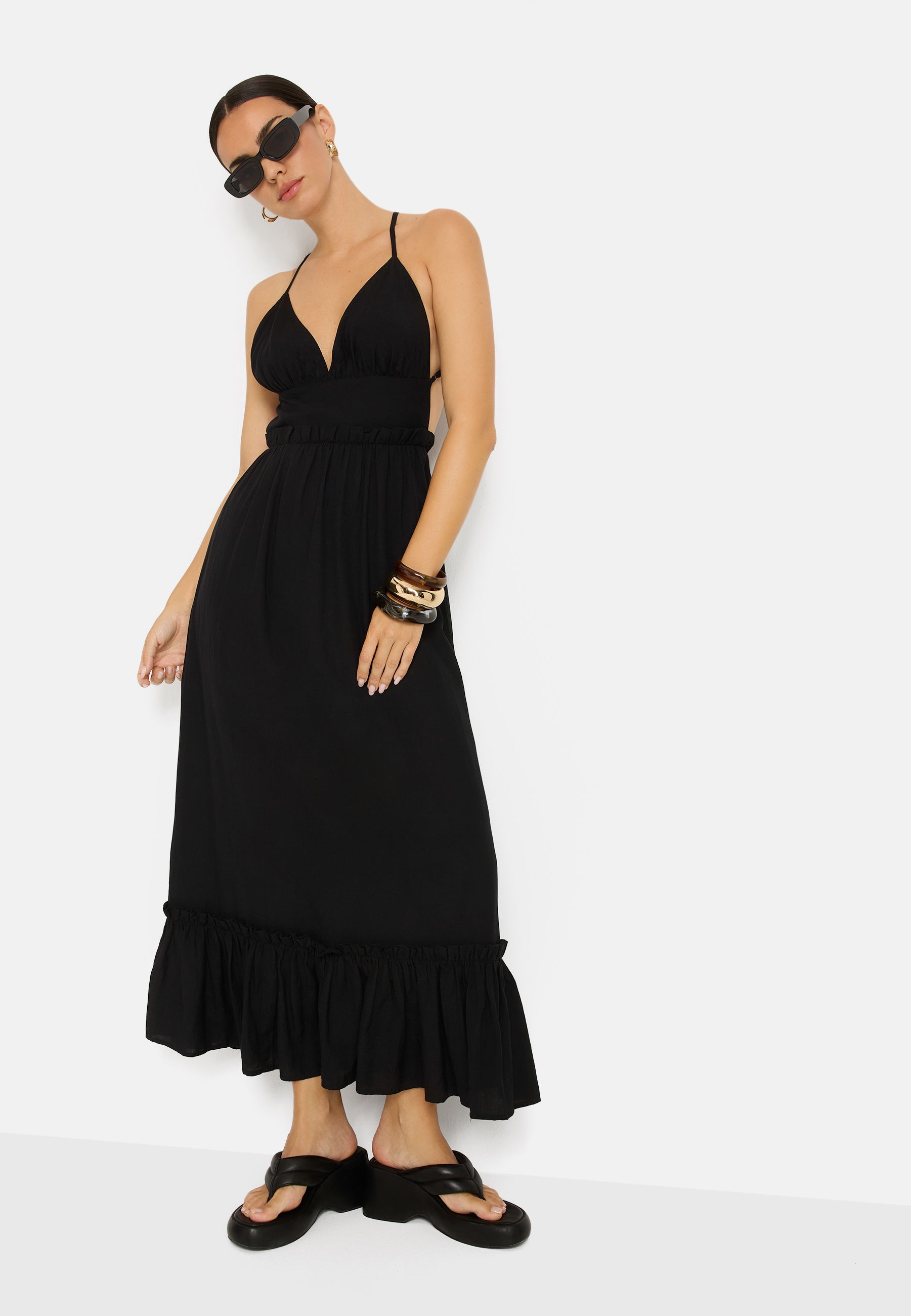 LSCN by LASCANA Maxikleid Ohne Taschen aus Webware mit Leinenanteil, Strandkleid, Boho-Kleid