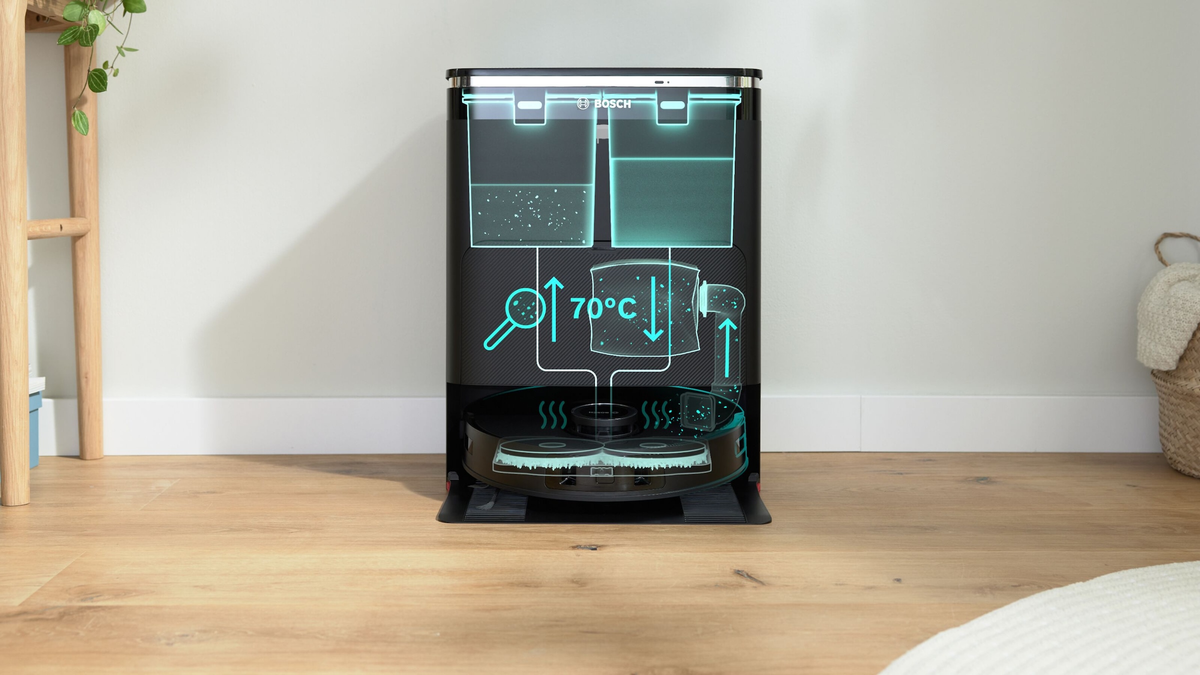 BOSCH Saugroboter »Spotless Max BCRDW3B, rotierende Wischpads, 70°C Selbstreinigung«, Datensicherheit, 11.000 Pa Saugkraft, Absaugstation, Carbon Bürste