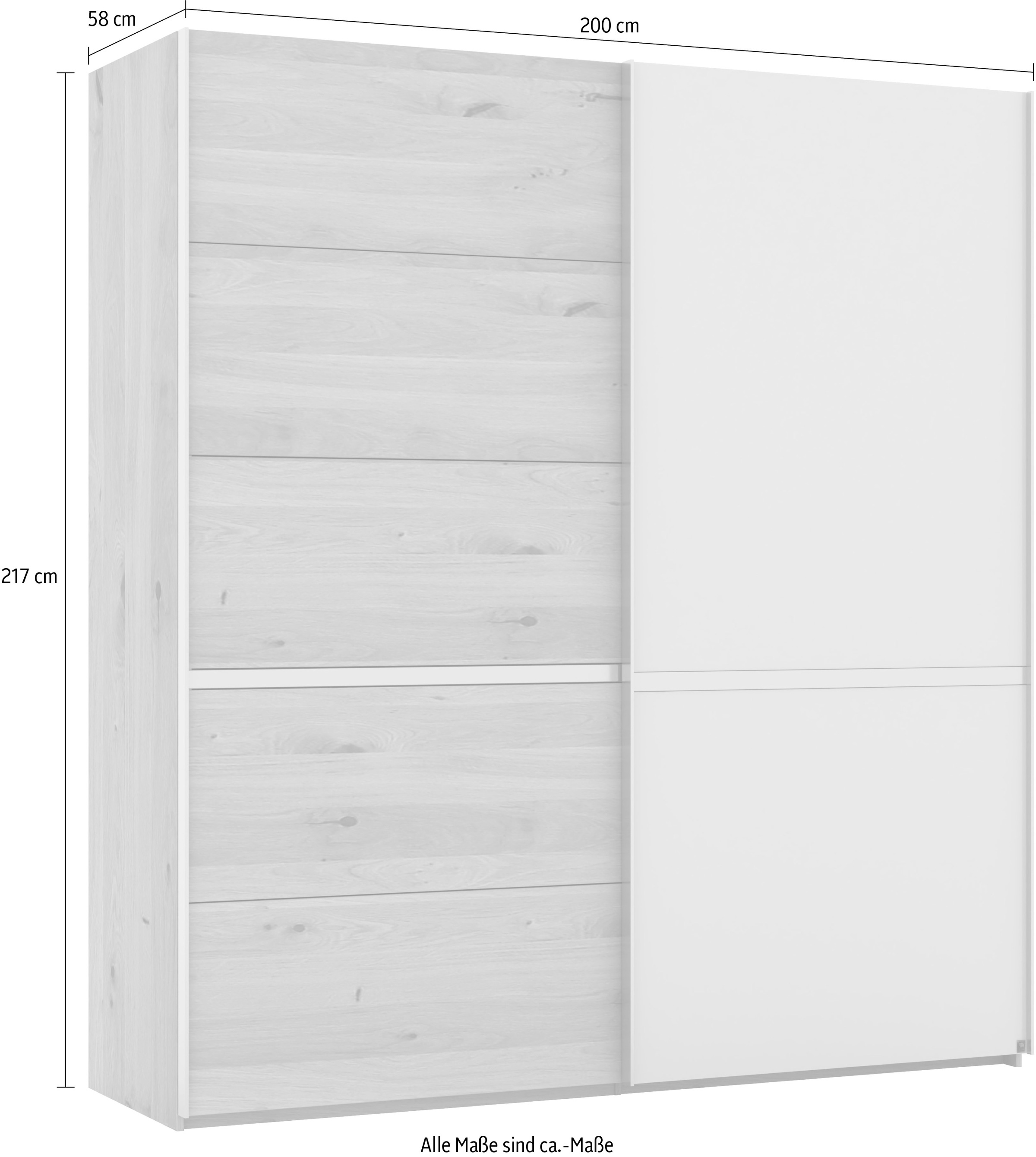 Musterring Schwebetürenschrank »Savona, Kleiderschrank, Schrank, Garderobe, mit Schiebetüren«, (Teilmassiv Bianco-Eiche, mit Spiegel oder Glas, MADE IN GERMANY), Türen Bianco-Eiche massiv, Spiegel-/Glastüren, eingelegte Chromleiste