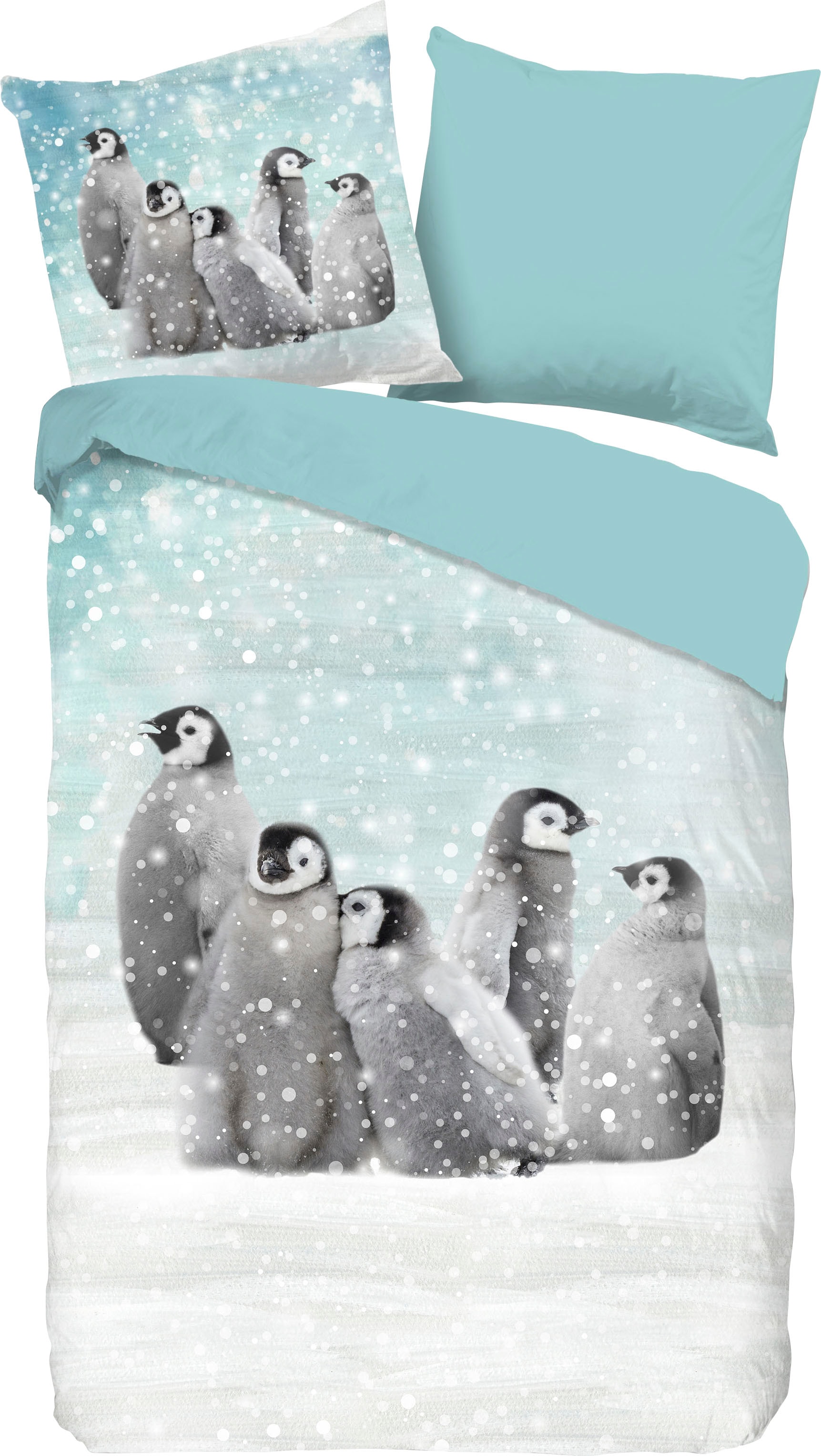 Kinderbettwäsche »Pengu«, Biber, 135x200, Weich, Warm, Reißverschluss, Wendeoptik,...