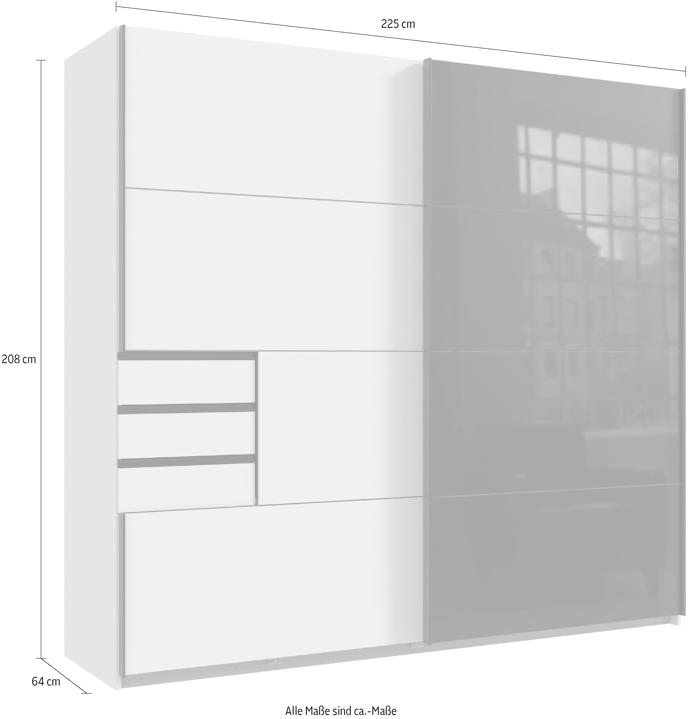 Wimex Schwebetürenschrank »Leonberg, Kleiderschrank mit 3 Schubladen«, mit graphitfb.Glasfront, 225cm breit, 208cm hoch