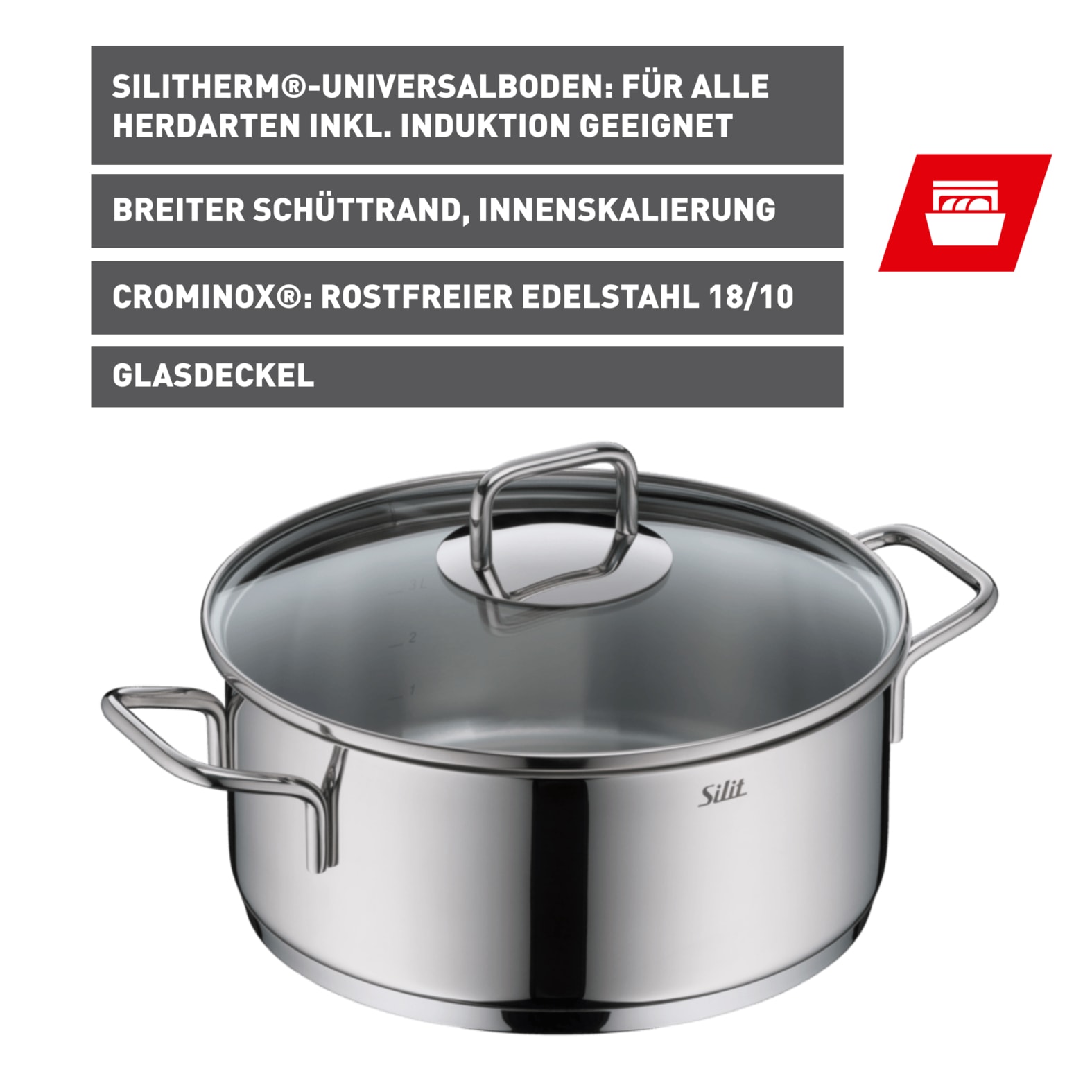 Silit Bratentopf »Extra Cook, mit Glasdeckel«, Edelstahl 18/10, (2 tlg.), SiliTherm Universalboden, induktionsgeeignet, spülmaschinengeeignet