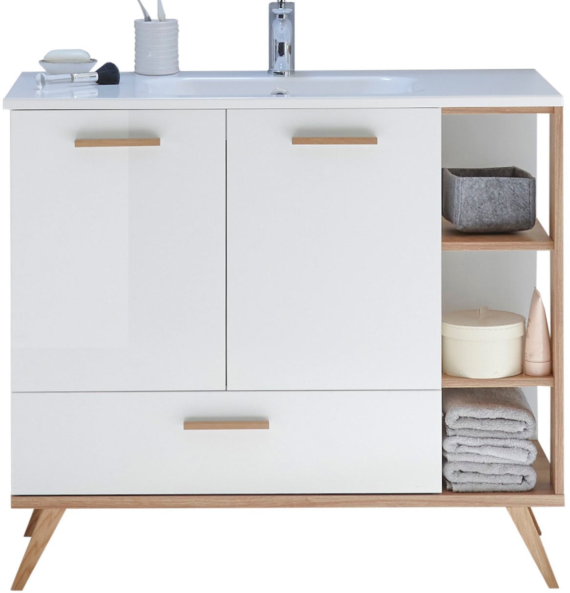 Saphir Badmöbel-Set »Quickset Mineralmarmor-Waschtisch mit LED-Spiegelschrank«, (2 St.), Waschplatz 115 cm breit, 5 Türen, 1 Schublade, inkl. Türdämpfer