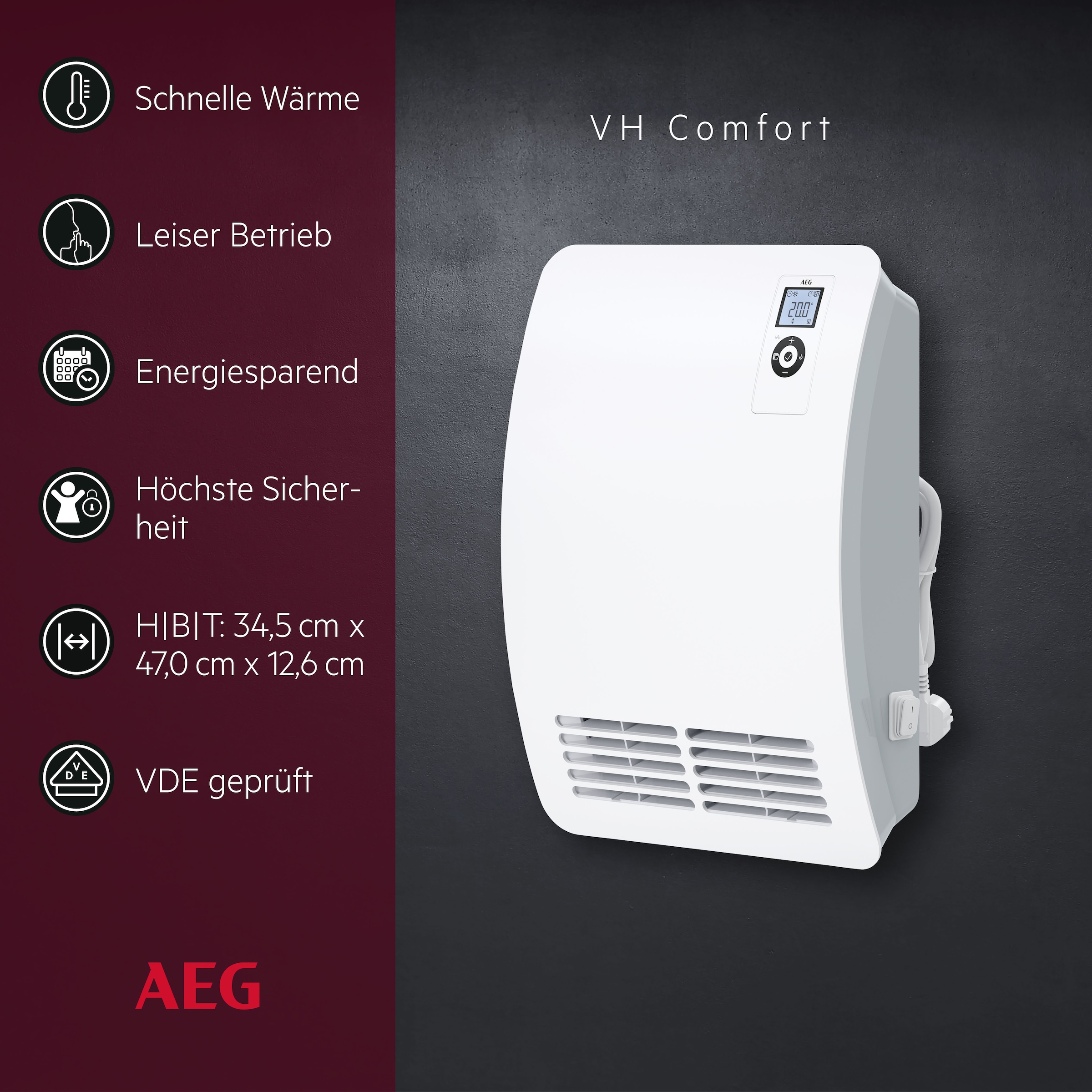 AEG Haustechnik Heizlüfter »»VH Comfort«, energiesparend, 2000W für ca. 25 m², LC-Display« Wochenzeitschaltuhr, 120 Min. Timer, Silent Mode, Bad, (EU-Stecker)
