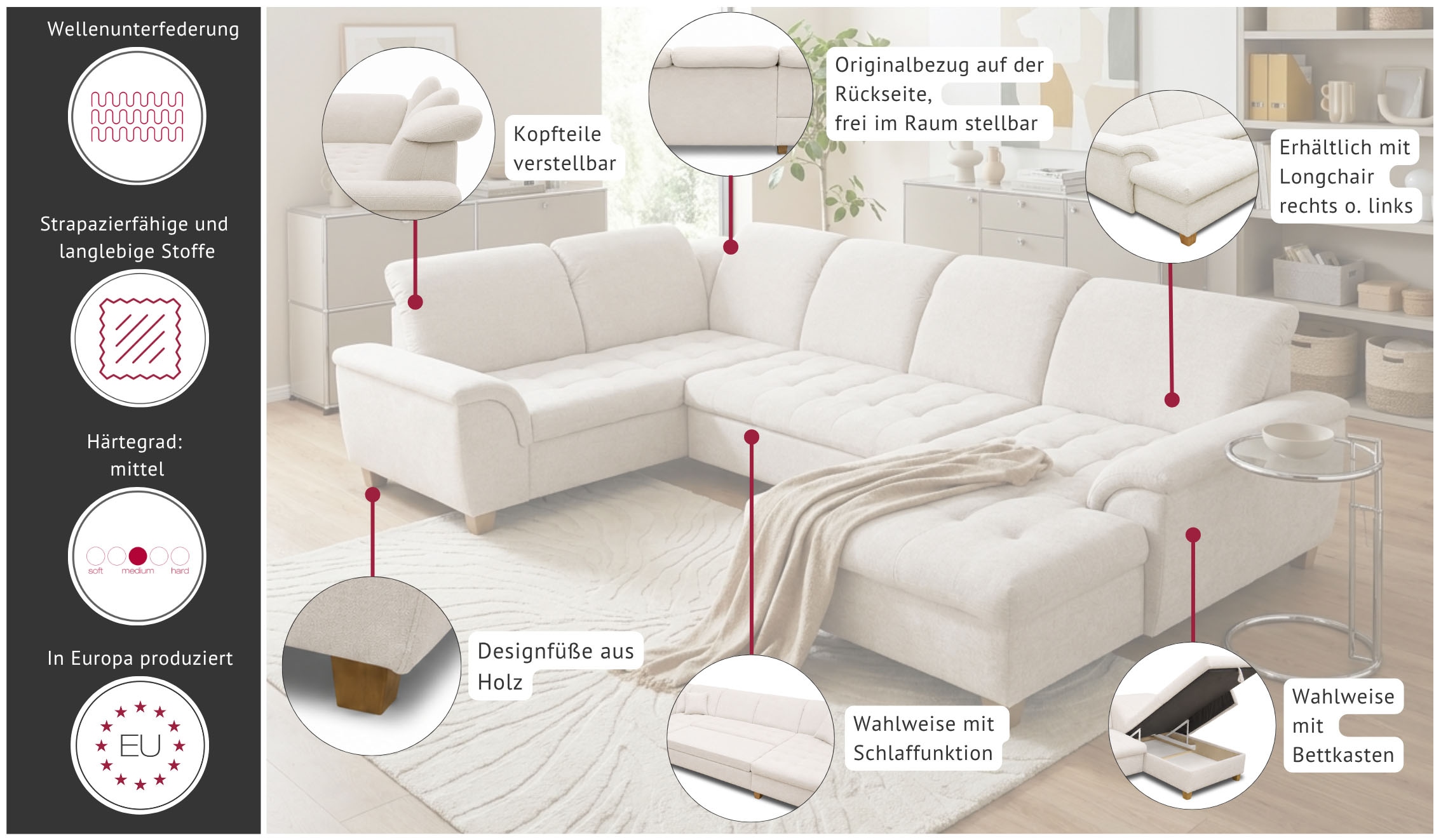 OTTO home Wohnlandschaft »Eggery 352 x 214 cm, auch mit Schlaffunktion & Bettkasten, Holzfüße« Kopfteile verstellbar, U-Form, aus pflegeleichtem Luxus-Microfaser