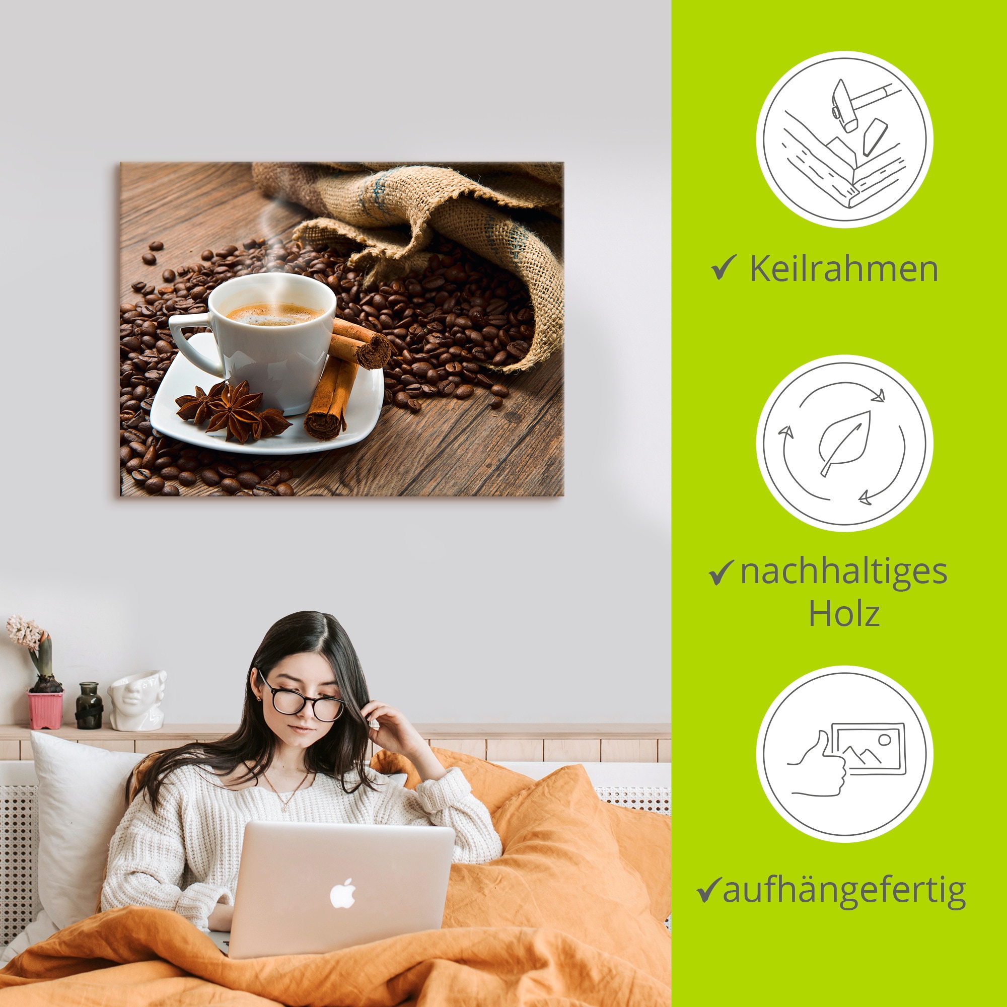 Artland Leinwandbild »Kaffeetasse Leinensack mit Kaffeebohnen« Getränke 1 Stk. tlg. auf Holzrahmen gespannt