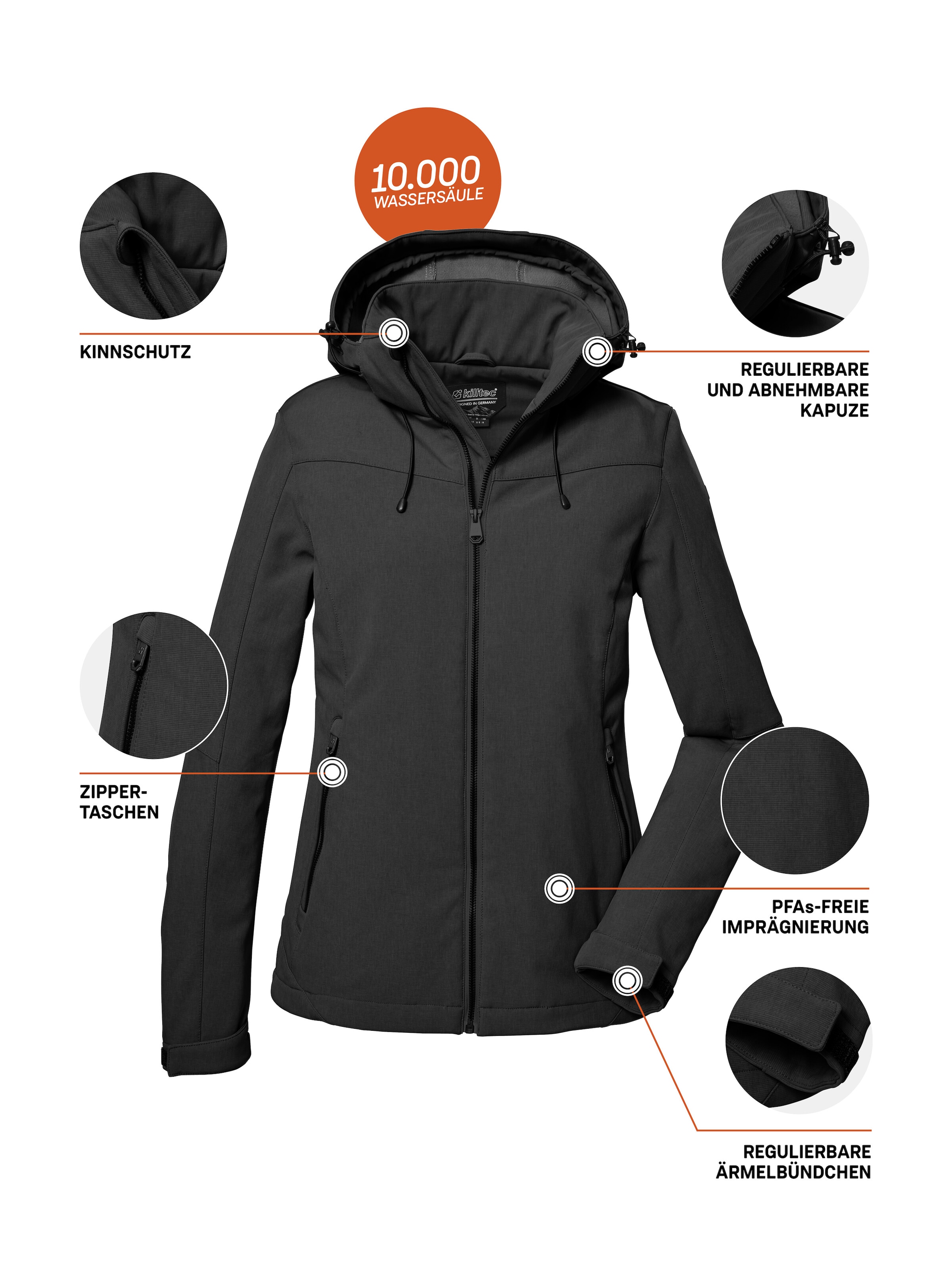 Killtec Softshelljacke »Damen Softshelljacke«, Wasserabweisende, winddichte Softshelljacke mit abnehmbarer Kapuze