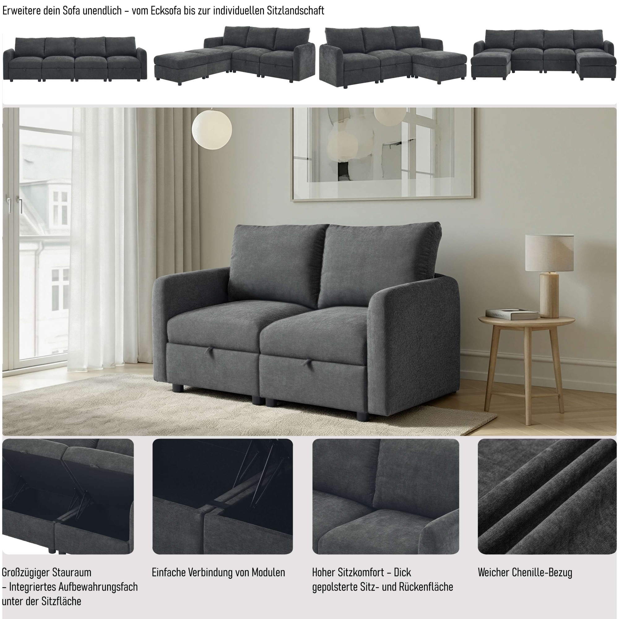 Dorel Home 2-Sitzer »STILHUS Modularsofa mit Stauraum, Breite 155 cm, Chenille-Bezug« als Modul oder separat verwendbar - individuell kombinierbar