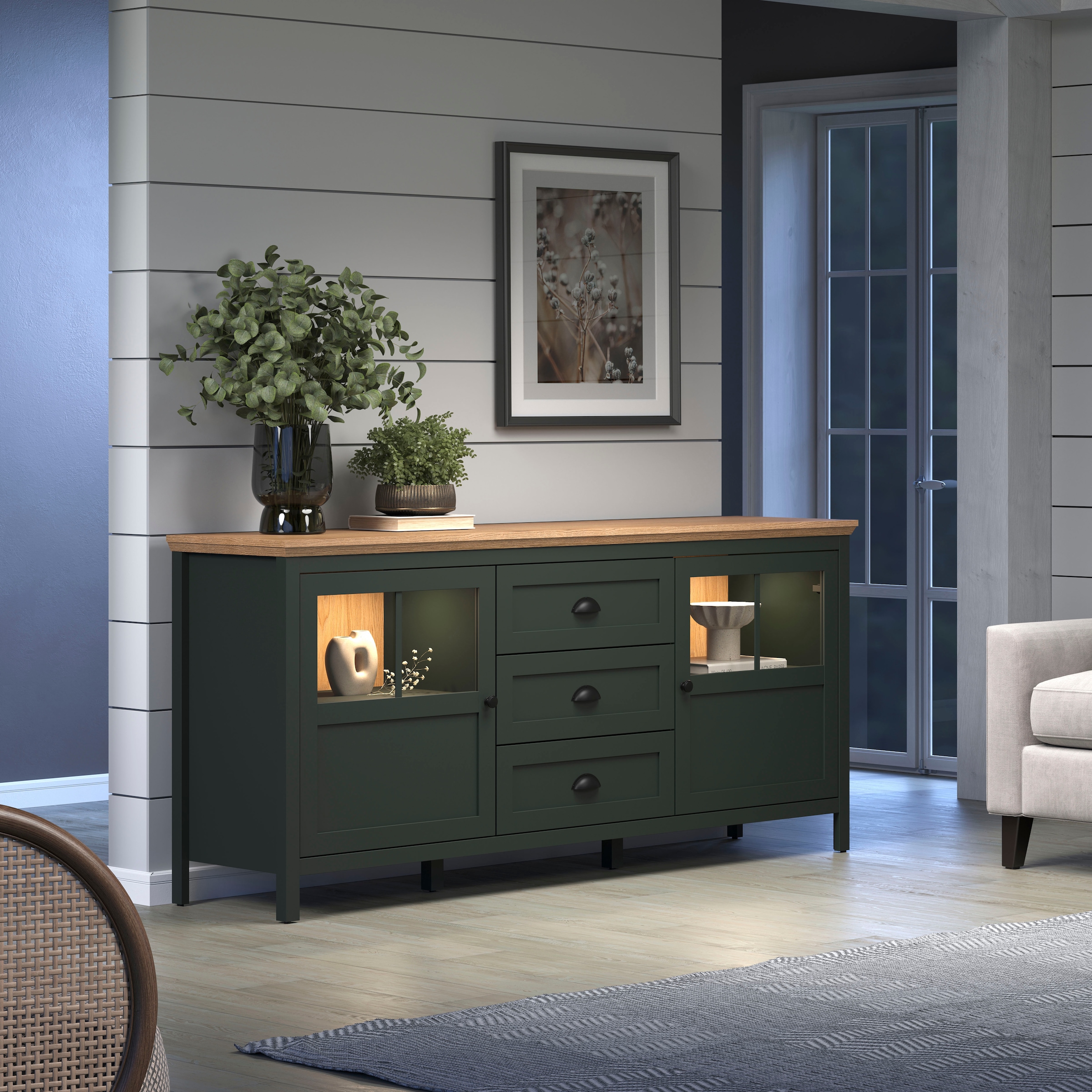 Home affaire Sideboard »Vienna« 1 Stk. tlg. Kommode im Landhausstil - Beleuchtung, Glastüren - B/T/H 185/45/86 cm